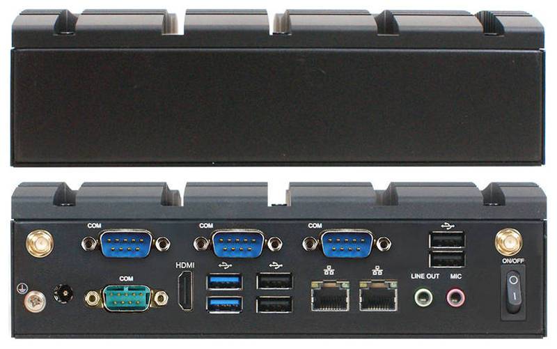 Vorder- und Rückansicht eines schwarzen elektronischen Geräts mit Anschlüssen einschließlich VGA, HDMI, USB, Ethernet, Audiobuchsen und einem Ein-/Ausschalter.