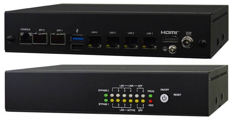 Zwei Ansichten eines schwarzen Netzwerkgeräts: Frontblende mit Konsole, SFP- und LAN-Anschlüssen; Rückseite mit Status-LEDs, Stromschalter, Zurücksetzen und Bypass-Indikatoren.