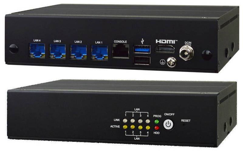 Schwarzes Netzwerkgerät von vorne und hinten gezeigt, mit vier LAN-Anschlüssen, Konsole, USB, HDMI, Gleichstromeingabe, Status-LEDs, Stromversorgungs- und Zurücksetzen-Reglern.