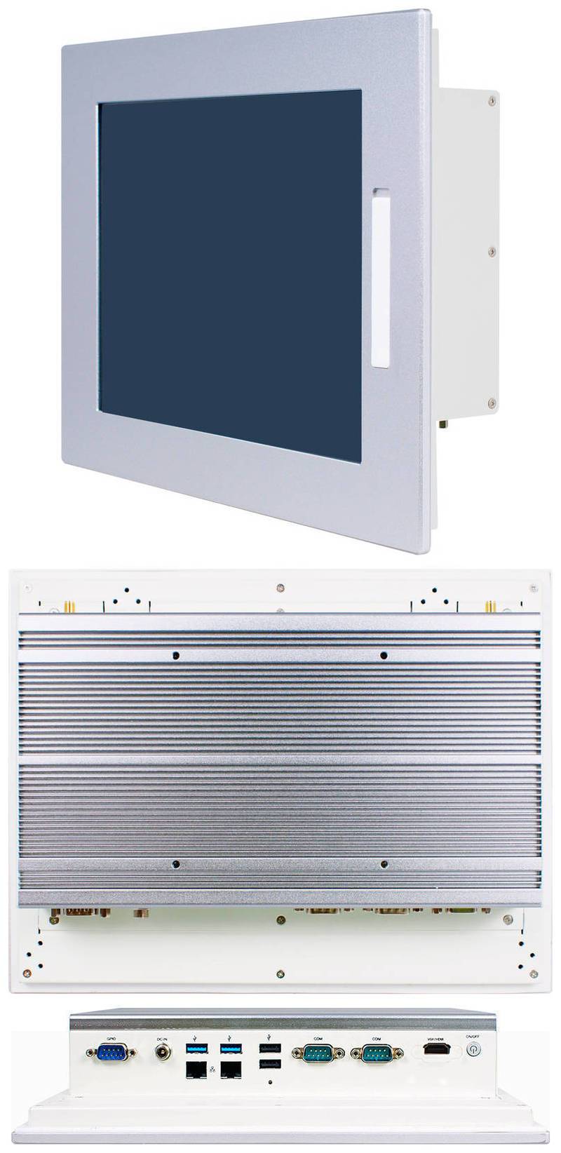 Industrie-Touchscreen-Panel-PC in Vorder-, Seiten- und Rückansicht mit Display, Kühlgitter und mehreren Anschlüssen für Montage und Konnektivität.
