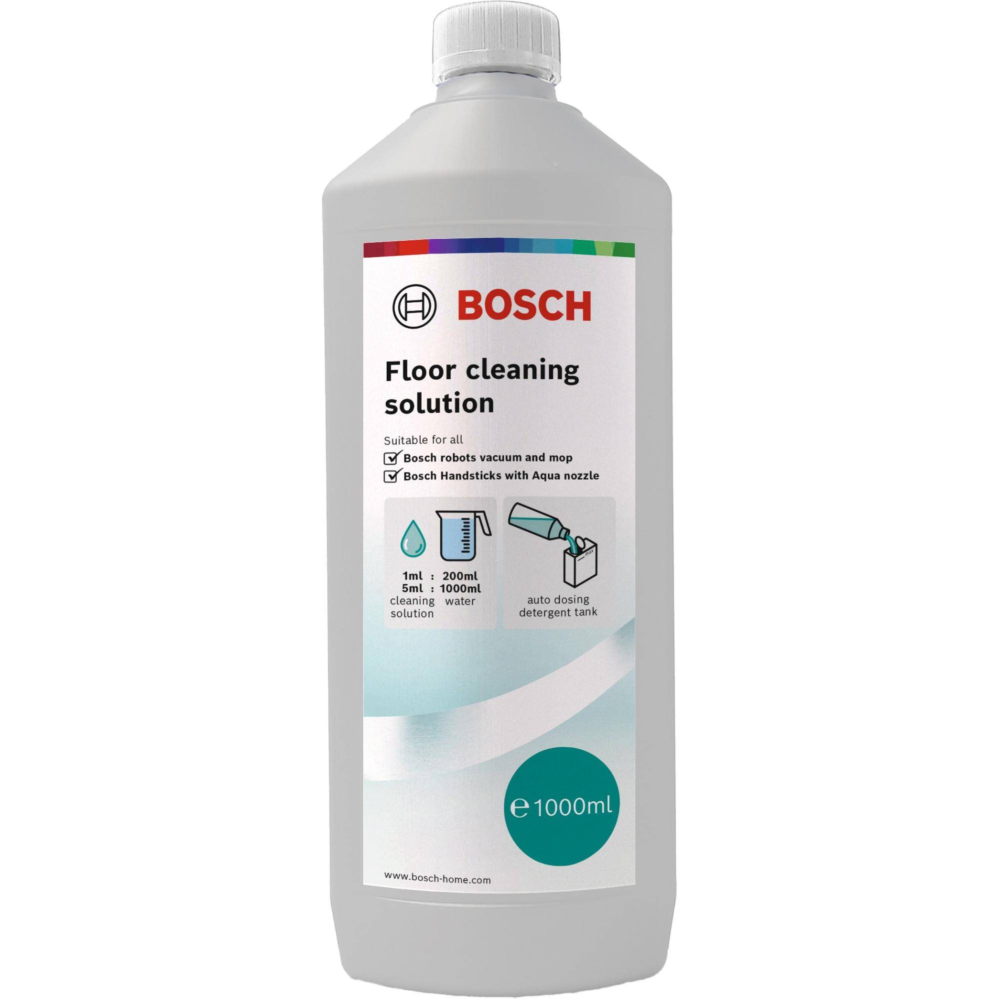 Bosch-Bodenreinigungslösung Flasche, 1000 ml, gekennzeichnet für Vakuum- und Wischroboter mit Handhaben und Aqua-Düse.