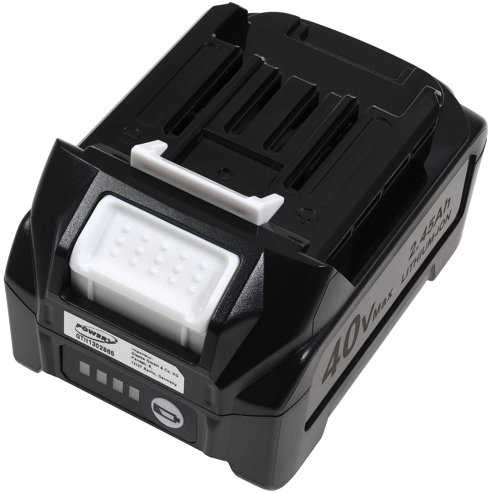 Schwarzes 40V-Lithium-Ionen-Akkupack mit weißem Entriegelungsgriff und Stromstärkeanzeige.