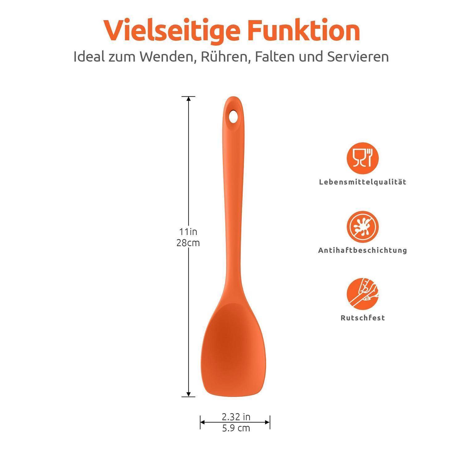 Produktinfografik mit einem orangefarbenen Spatel, 28 cm (11 Zoll) lang und 5,9 cm (2,32 Zoll) breit, gekennzeichnet als lebensmittelecht, antihaftbeschichtet und rutschfest.