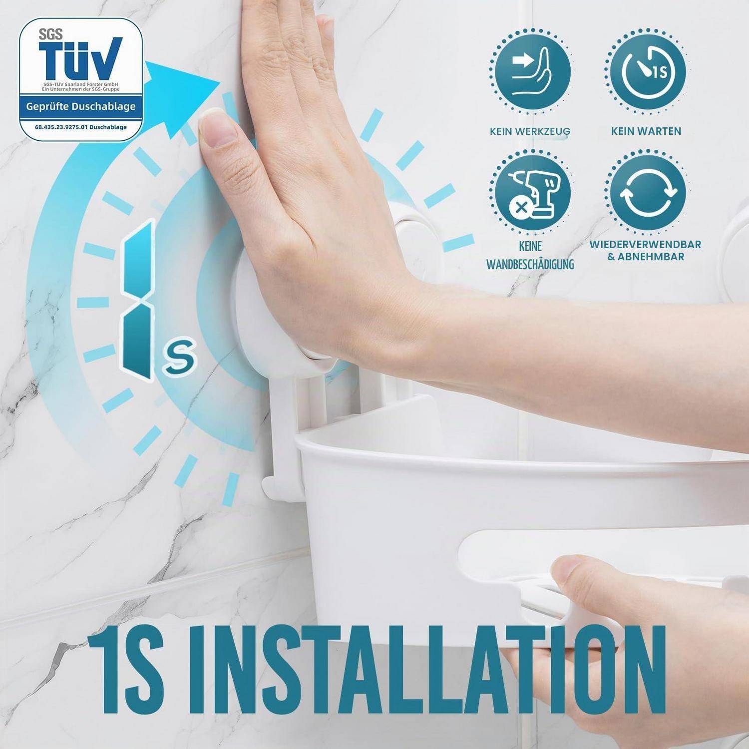 Hände installieren einen weißen Seifenspender mit Funktionssymbolen, die zeigen: keine Werkzeuge, kein Warten, keine Wandbeschädigungen und wiederverwendbar/abnehmbar; Text liest „1S INSTALLATION".