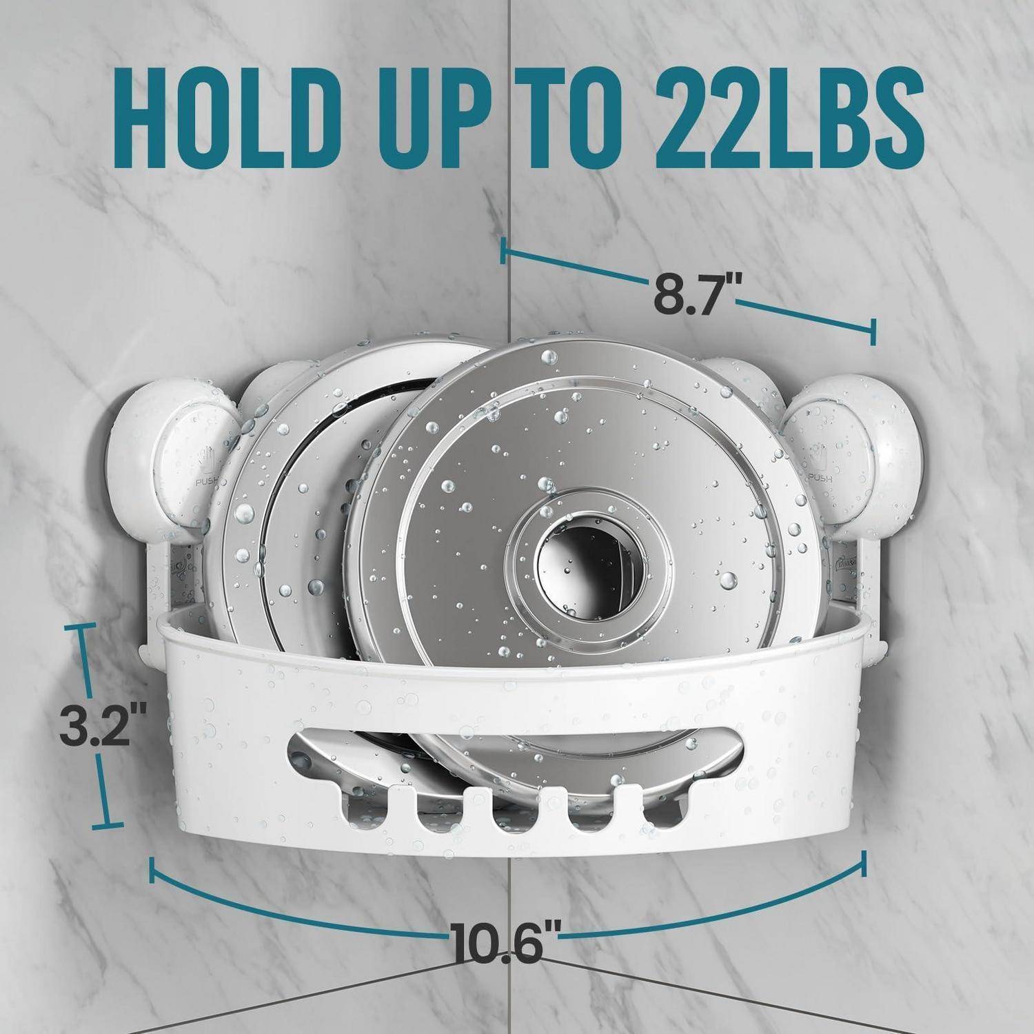 An der Wand montierter weißer Aufbewahrungskorb für CDs mit der Aufschrift „HÄLT BIS ZU 22LBS" und den Abmessungen 8,7"", 3,2"" und 10,6"".