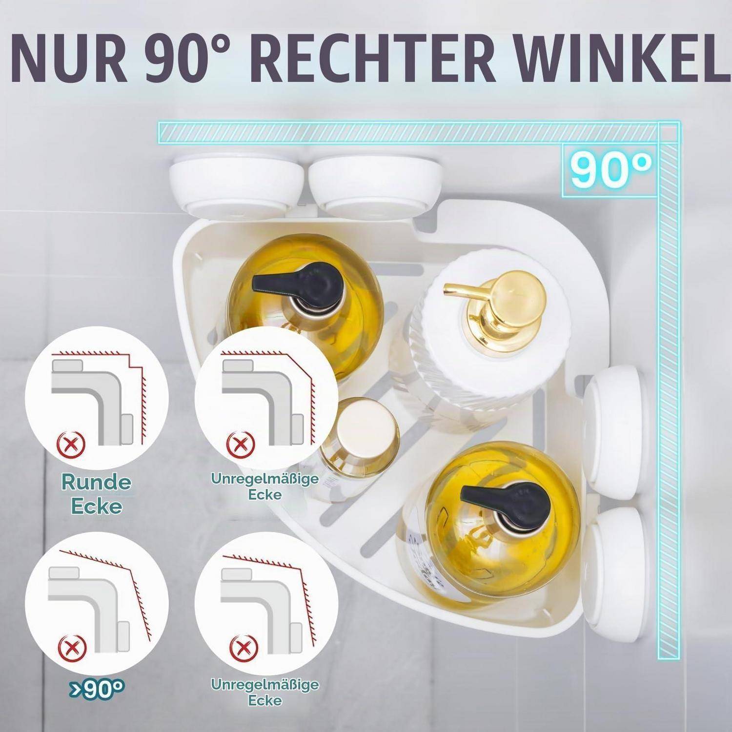 Infografik mit einer Eckduschablage, die nur in einen 90°-rechten Winkel passt; runde oder unregelmäßige Ecken sind mit roten Kreuzen als inkompatibel gekennzeichnet.