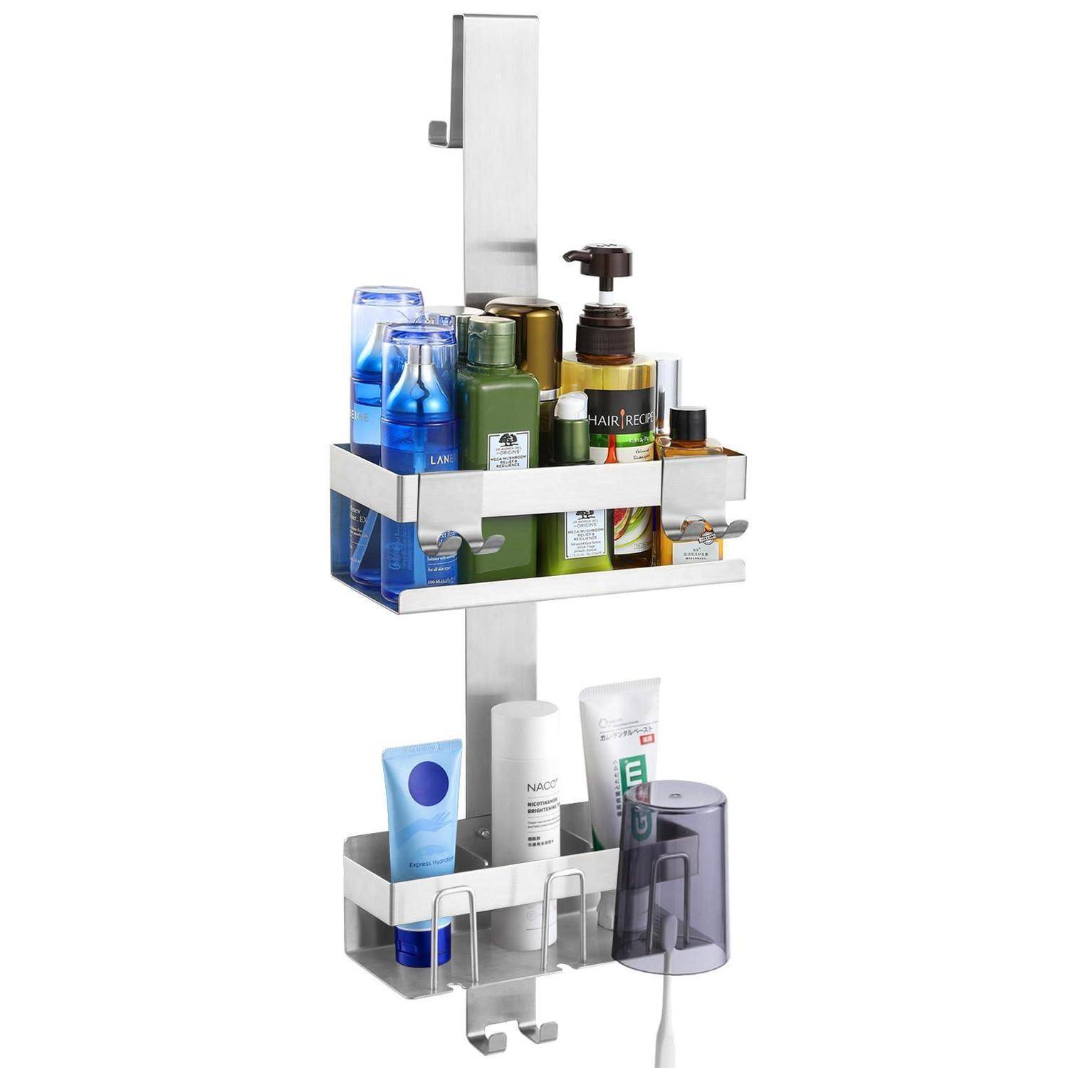 Edelstahl-Duschablage mit zwei Regalen, die Shampoos, Lotionen und andere Badprodukte hält, hängend an einer vertikalen Schiene.