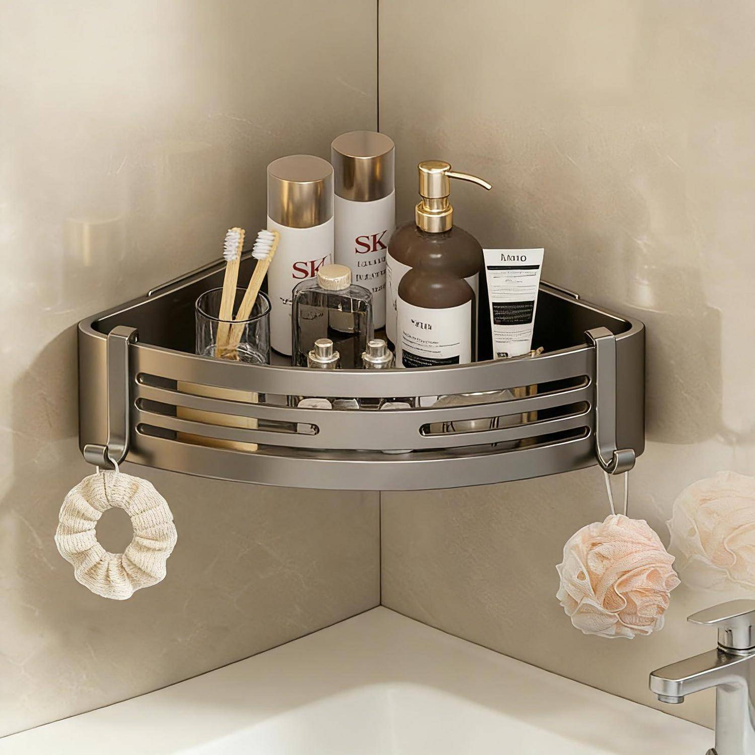 Eckregal in der Dusche mit Hautpflegeflaschen, Zahnbürsten und einem Seifenspender, mit darunter hängenden Badepoufs.