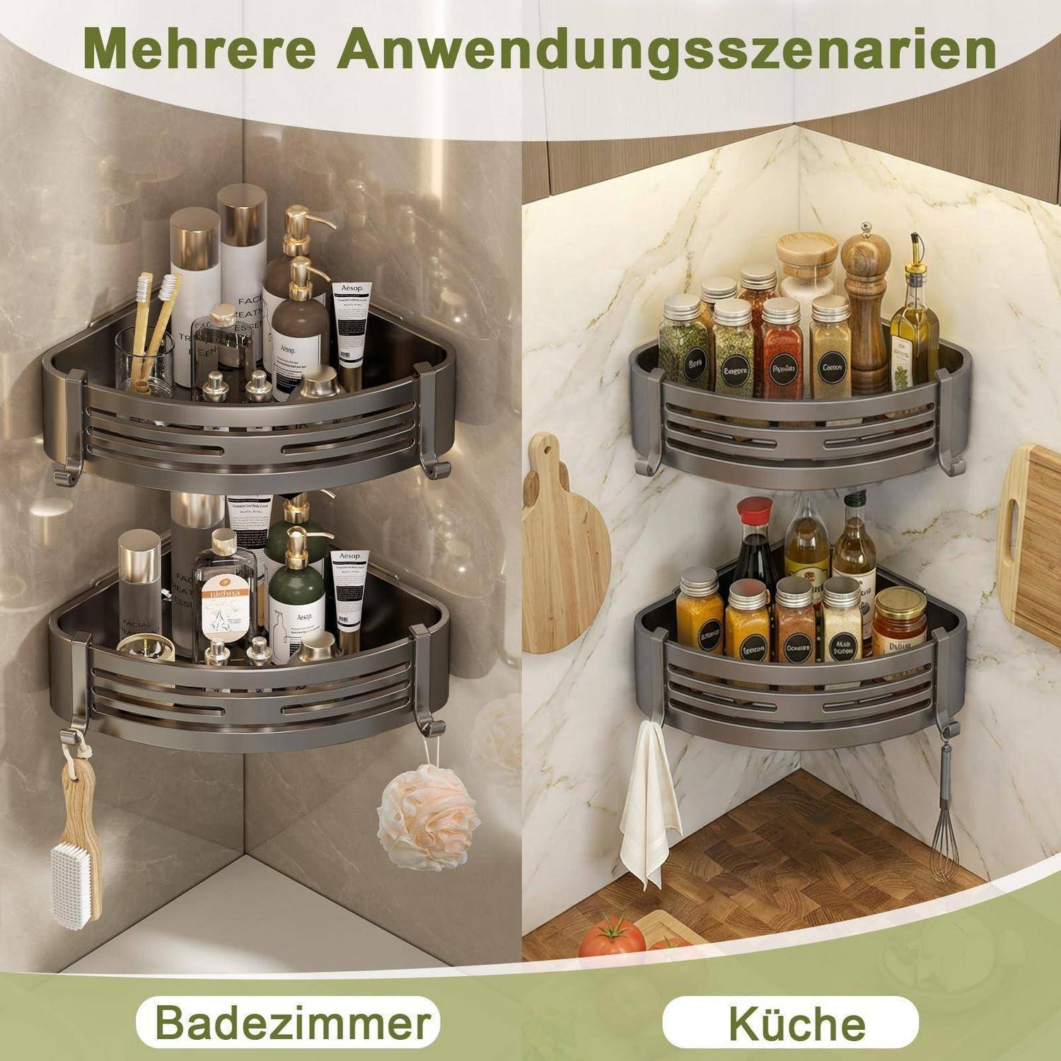 Badezimmer- und Kücheneckregale mit gestapelten drehbaren Organisatoren, die Toilettenartikel, Gewürze und Flaschen halten; der deutsche Text lautet „Mehrere Anwendungsszenarien", „Badezimmer"", „Küche"".