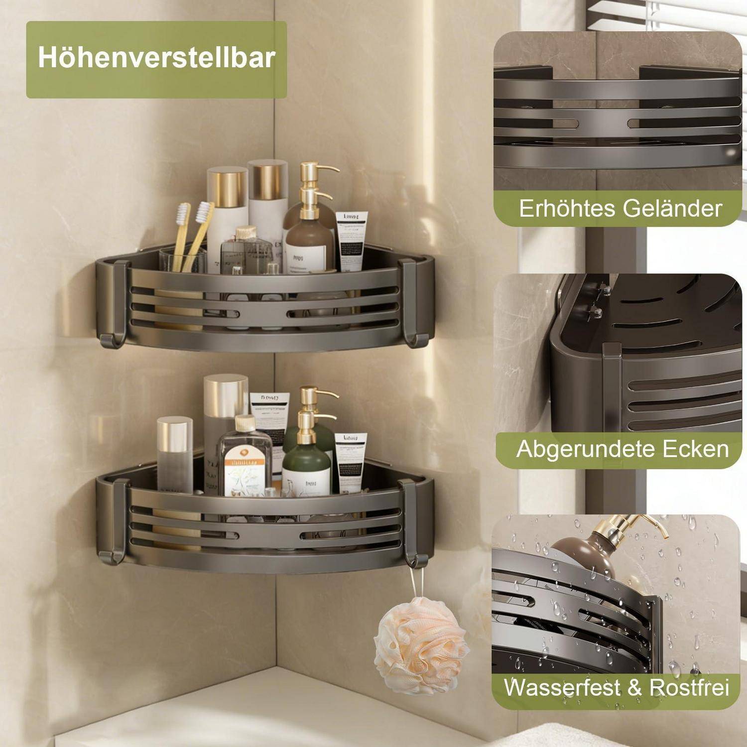 Eckig angebrachte verstellbare Duschregale mit Toilettenartikeln, mit deutschen Beschriftungen, die die erhöhte Kante, abgerundete Ecken und das wasserfeste, rostfreie Design hervorheben.