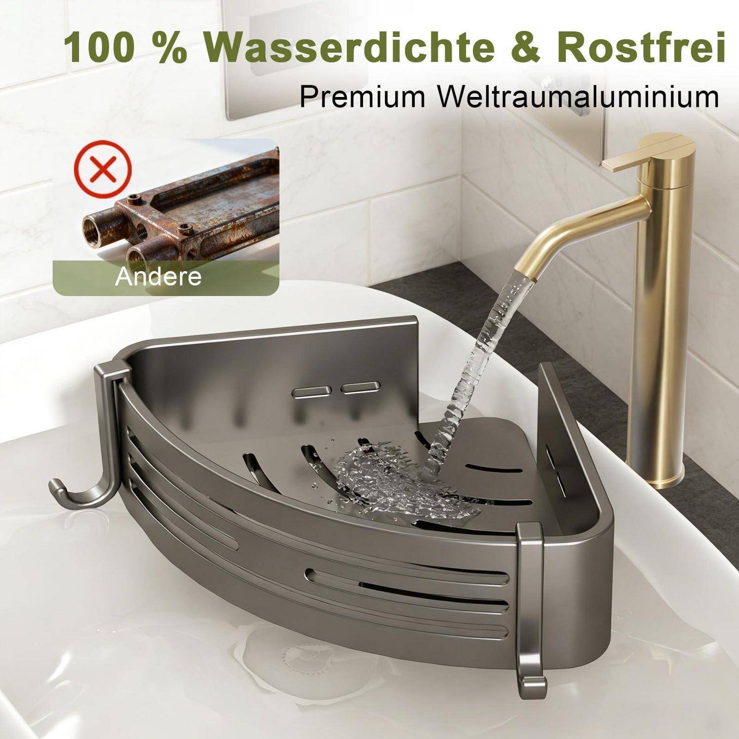 Abgerundetes Edelstahl-Eckregal für die Spüle unter dem fließenden Wasserhahn, mit deutschem Text „100 % Wasserdichte & Rostfrei" und „Premium Weltraumaluminium"" zur Bewerbung von wasserdichtem, rostfreiem Material.