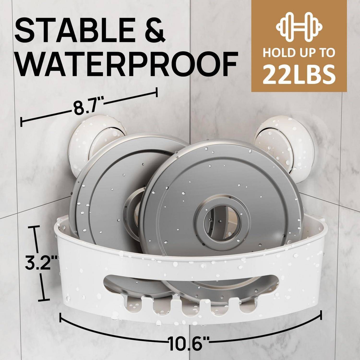 Wandmontiertes Eck-Geschirrablagegestell zum Halten von Tellern, mit den Bezeichnungen „STABIL & WASSERDICHT", „TRÄGT BIS ZU 22 PFUND"", mit Abmessungen von 8,7', 3,2' und 10,6'.