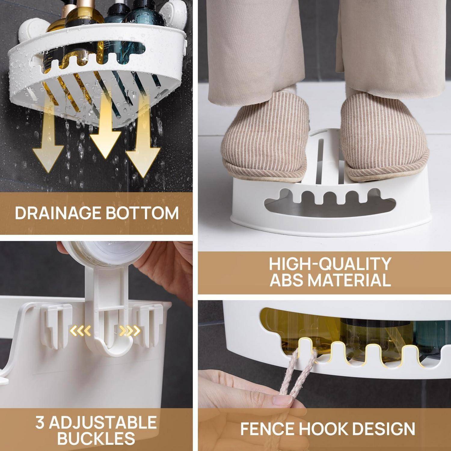 Collage mit einem weißen Kunststoff-Abtropfbrett mit Drainageboden, hochwertigem ABS-Material, 3 verstellbaren Schnallen und Zaun-Haken-Design.