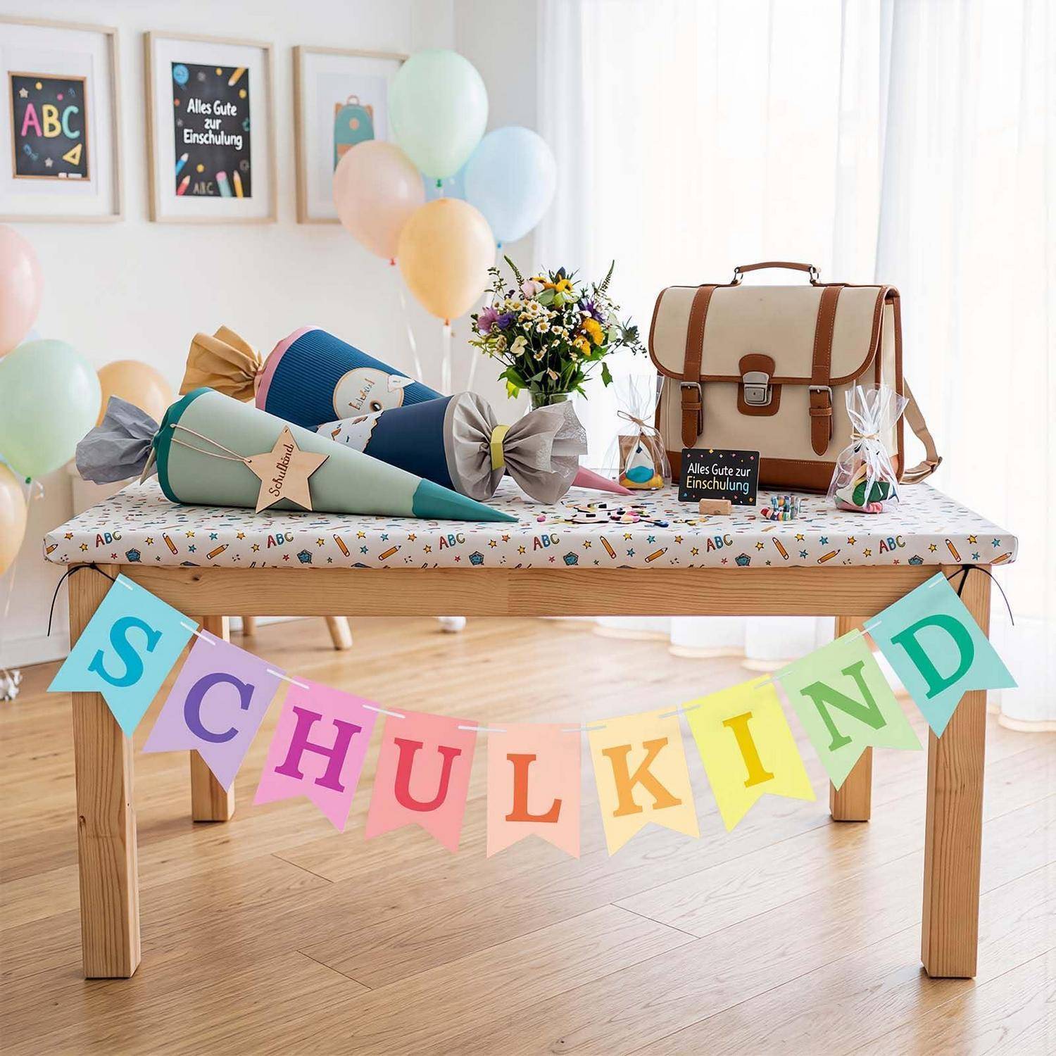 Einschulungs-Display mit einem dekorierten Tisch, Schultüten, Luftballons, Blumen, einer Schultasche und einem Banner mit der Aufschrift „SCHULKIND".