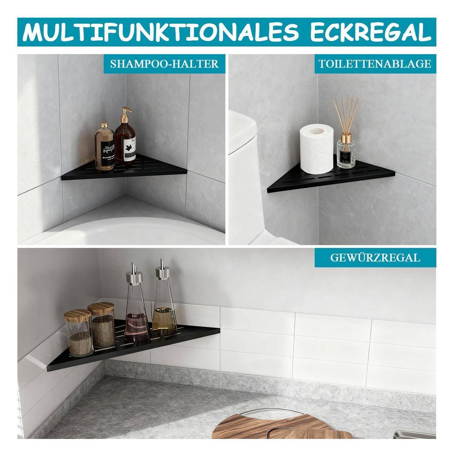 Collage zeigt ein schwarzes Eckregal, das als Shampoo-Halter, Toilettenregal und Gewürzregal in Badezimmer- und Küchenechen verwendet wird.