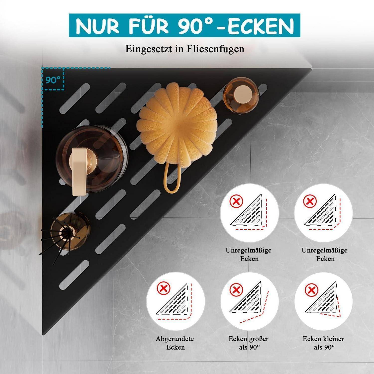 Deutsche Fliesennahtschablone für 90°-Ecken, die zeigt, dass nur rechtwinklige Ecken geeignet sind und unregelmäßige, abgerundete, größere oder kleinere als 90°-Ecken nicht geeignet sind.