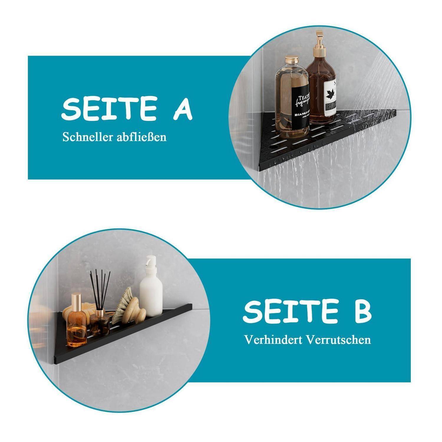 Vergleichsgrafik eines Duschregals: Seite A „Schneller abfließen" zeigt ein Regalfach mit Schlitzen für schnelleres Ablaufen; Seite B „Verhindert Verrutschen"" zeigt ein massives Regal, das Verrutschen verhindert.