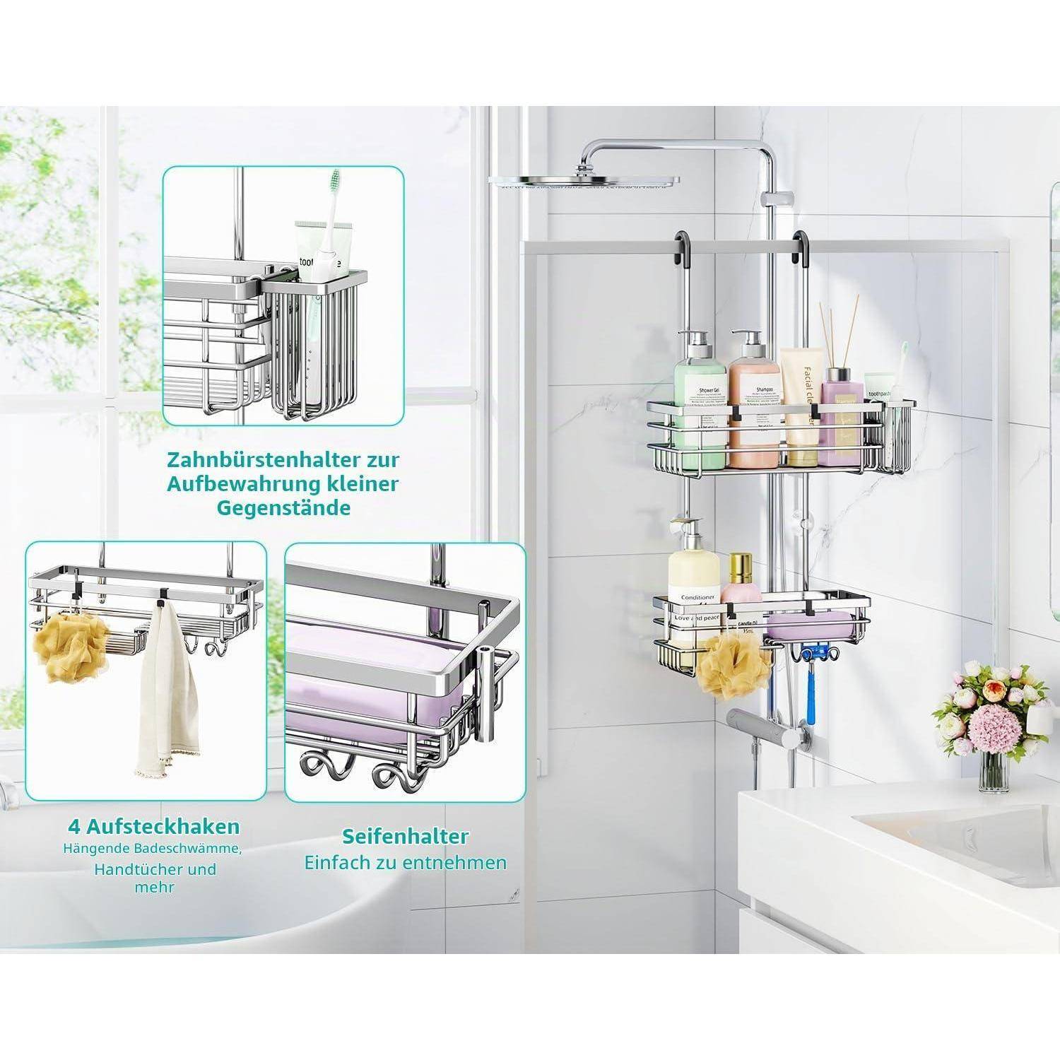 Badezimmer-Duschablage mit Saugnapfhalterung und zwei Fächern für Toilettenartikel, plus Haken und Zahnbürstenhalter; deutsche Beschriftungen zeigen Lagermöglichkeiten.