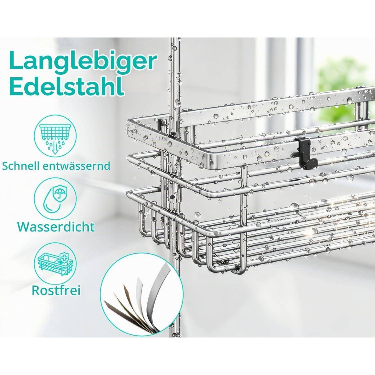 Werbebild eines Edelstahlkorbs mit Wassertropfen, beschriftet mit „Langlebiger Edelstahl" und Symbolen mit den Aufschriften „Schnell entwässernd"", „Wasserdicht"" und „Rostfrei"".