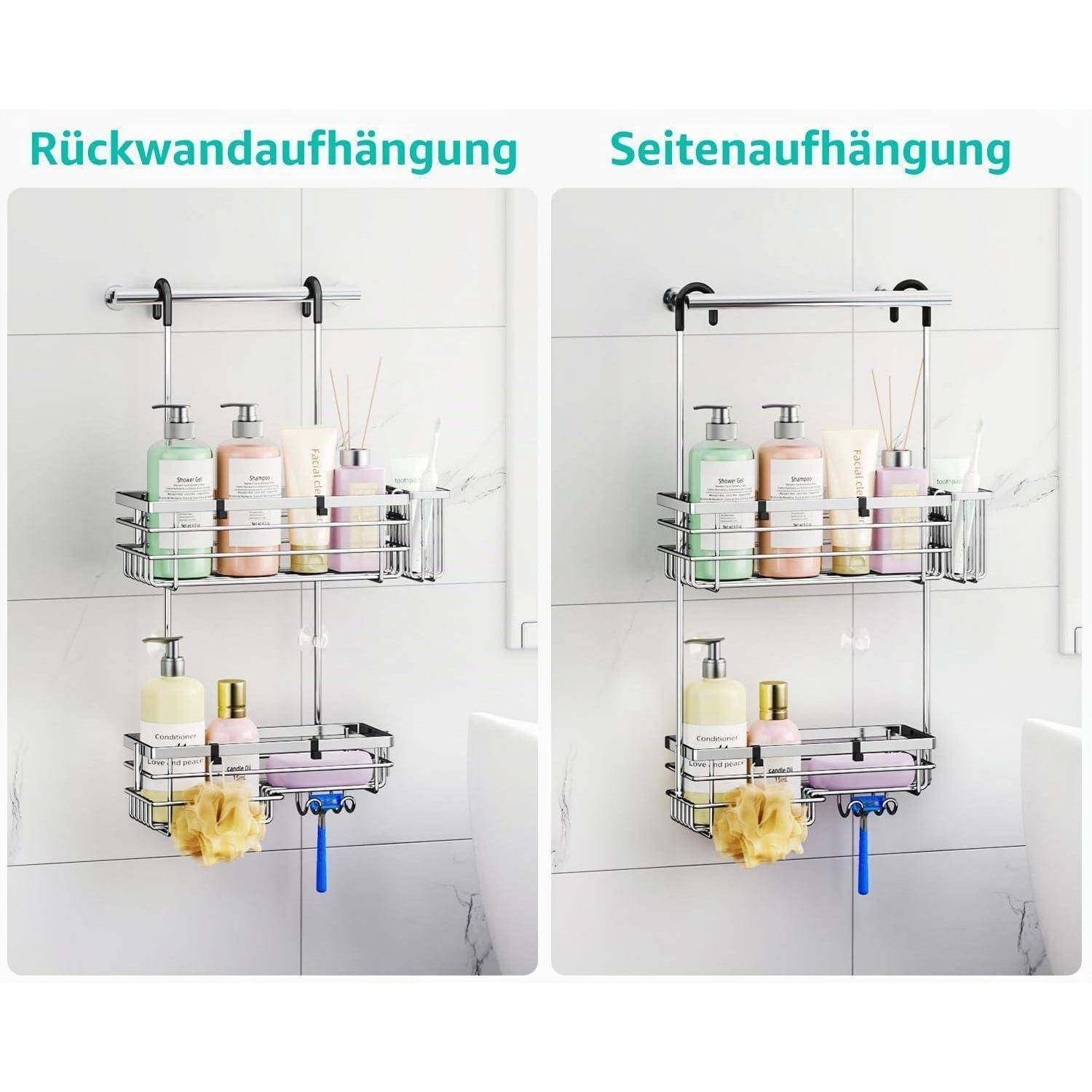 Nebeneinanderstellung zweier hängender Duschablagen mit den Bezeichnungen „Rückwandaufhängung" und „Seitenaufhängung"", die unterschiedliche Hakkenorientierungen und Regallayouts zeigen.