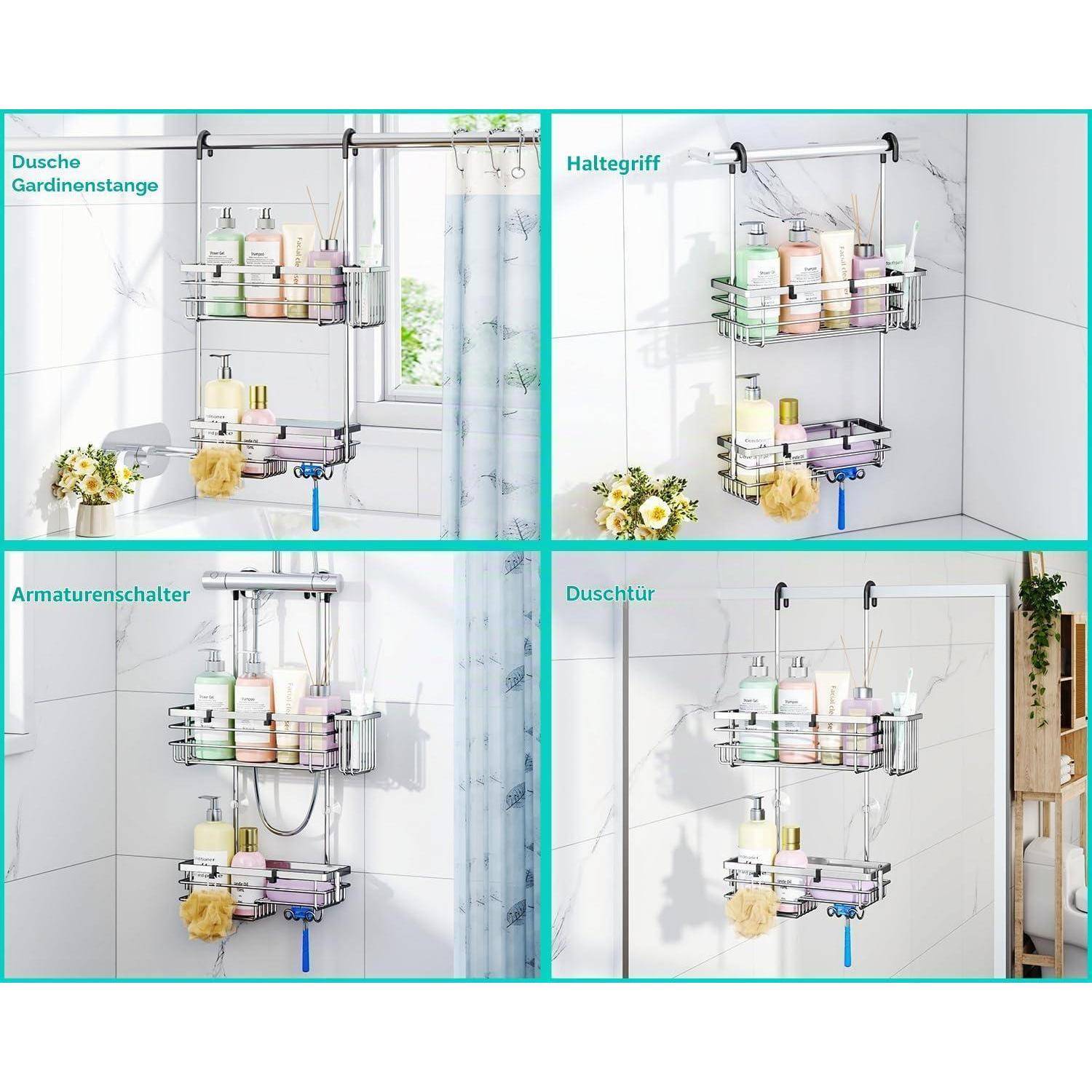 Vier Beispiele für die Installation von Duschregalen, die zeigen, wie man eine Hängeablage an einer Duschvorhangstange, an einer Haltestange, an einem Wasserhahn-Schalter und an einer Duschkabinentür aufhängt.