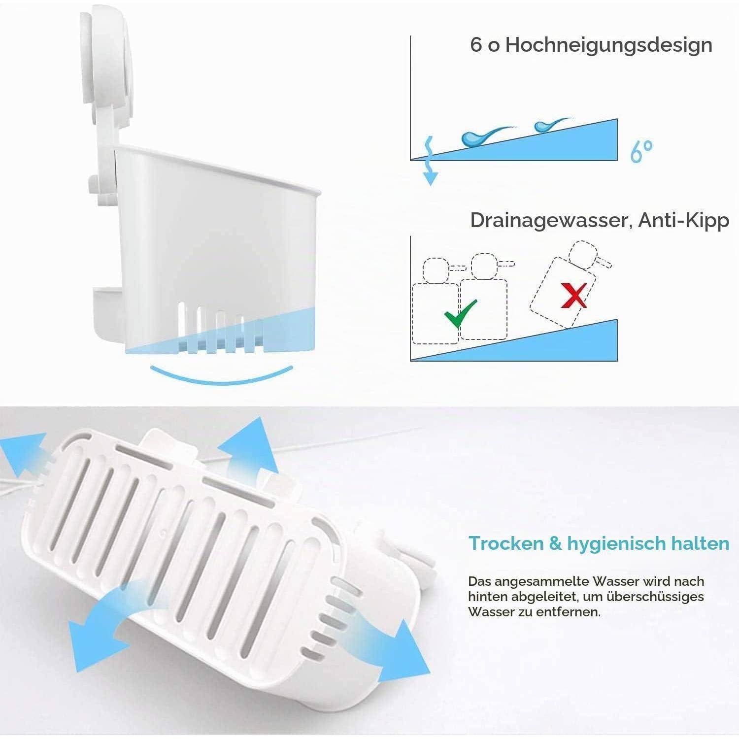 Illustration eines geneigten Ablauftabletts mit 6° Neigung, Kippschutzdesign und Wasserableitung; hält den Inhalt trocken und hygienisch.