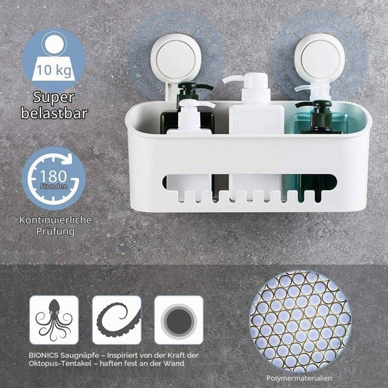 Weiß wandmontiertes Badezimmer-Caddy mit drei Pumpflaschen, gezeigt mit deutschen Etiketten für 10 kg Tragfähigkeit und 180-Minuten-Dauertest, sowie bionik Saugnapf und Polymermaterial-Funktionen.