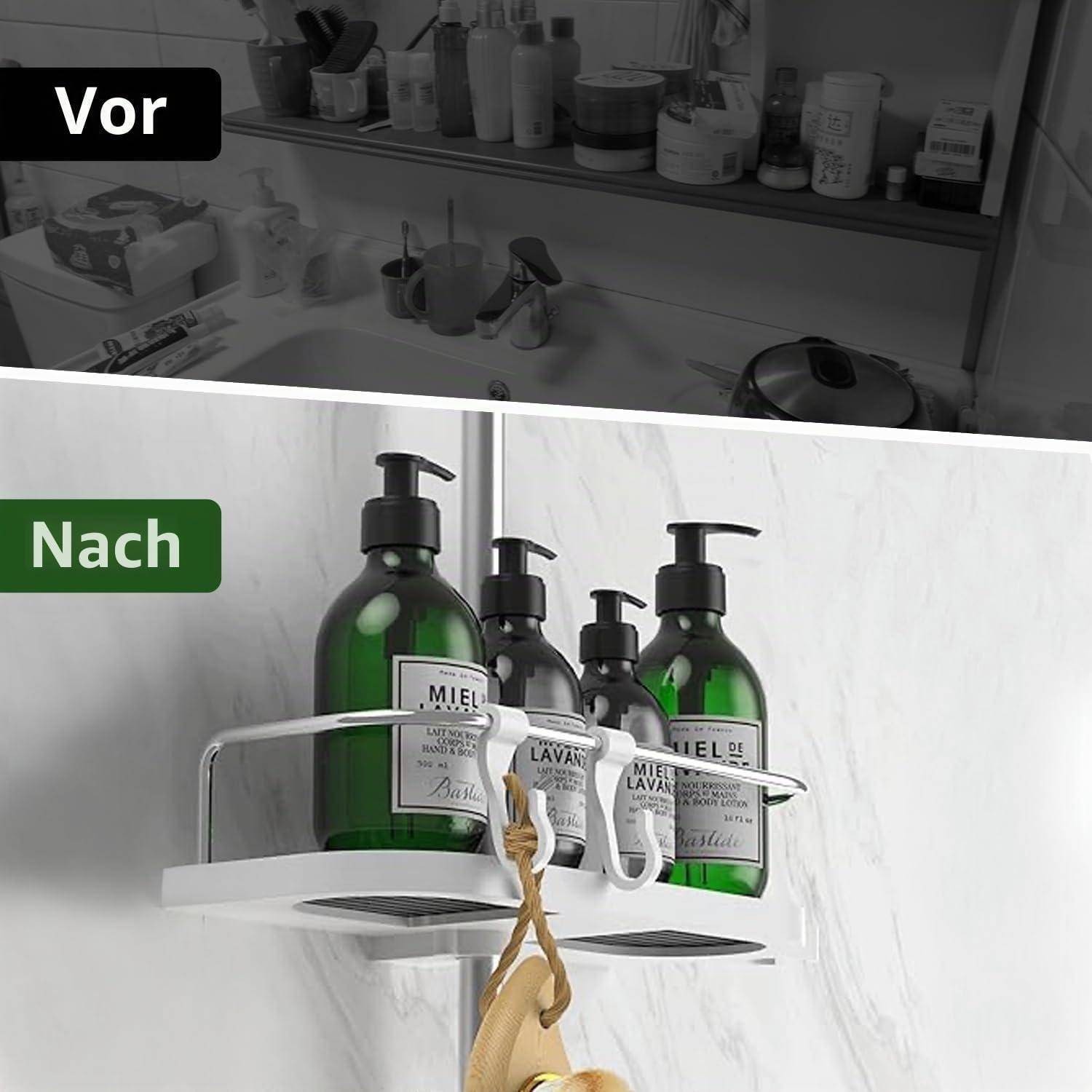 Vorher-Nachher-Organisation von Badezimmerregalen: Ein unordentliches Waschbecken wird zu einem ordentlichen Behälter mit grünen Pumpflaschen und hängenden Zahnbürsten.