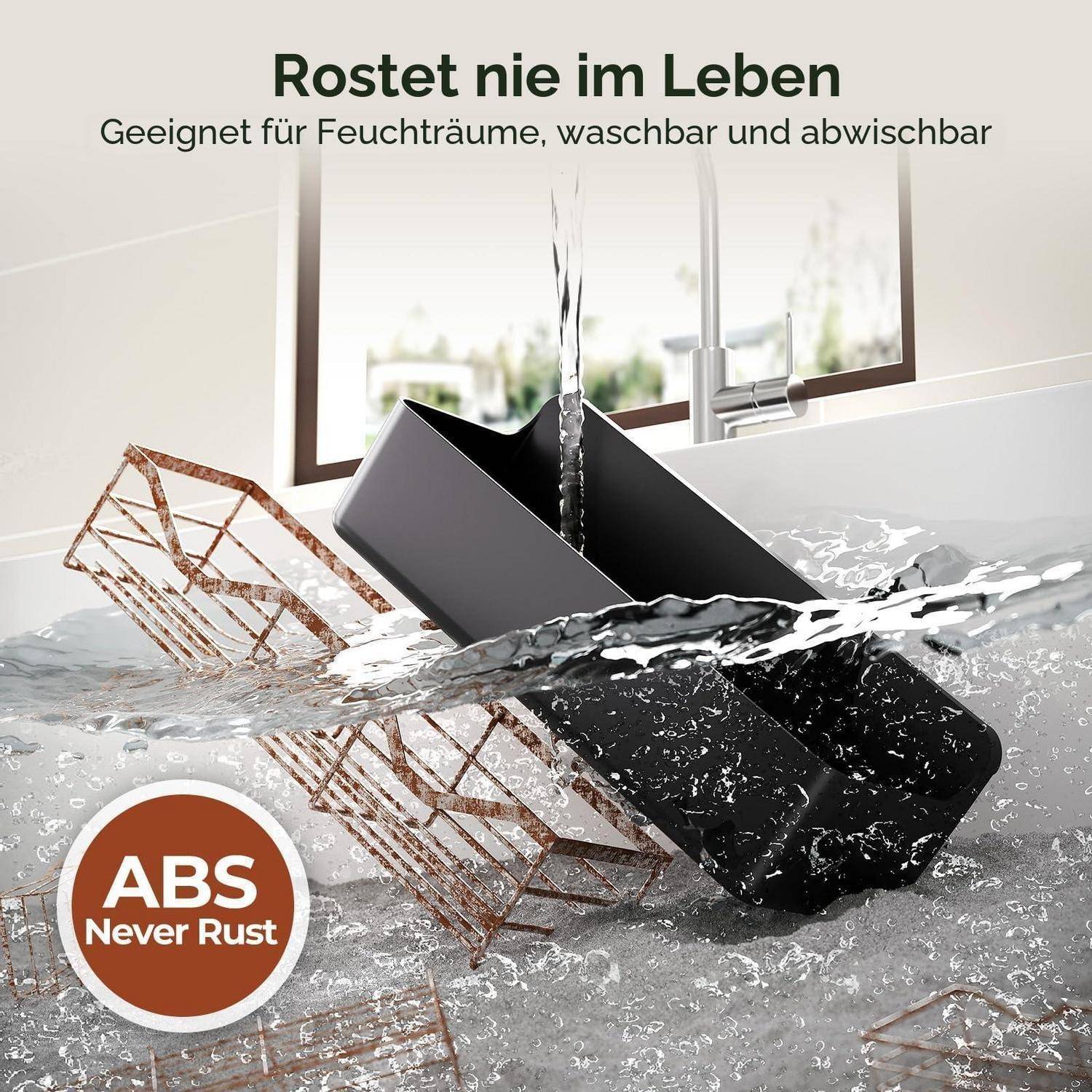 Produktanzeige zeigt schwarzes ABS-Duschablage und verrostetes Drahtablage im Wasser, wobei "Rostet nie im Leben"" und ""ABS Never Rust"" für feuchte Bereiche hervorgehoben werden.
