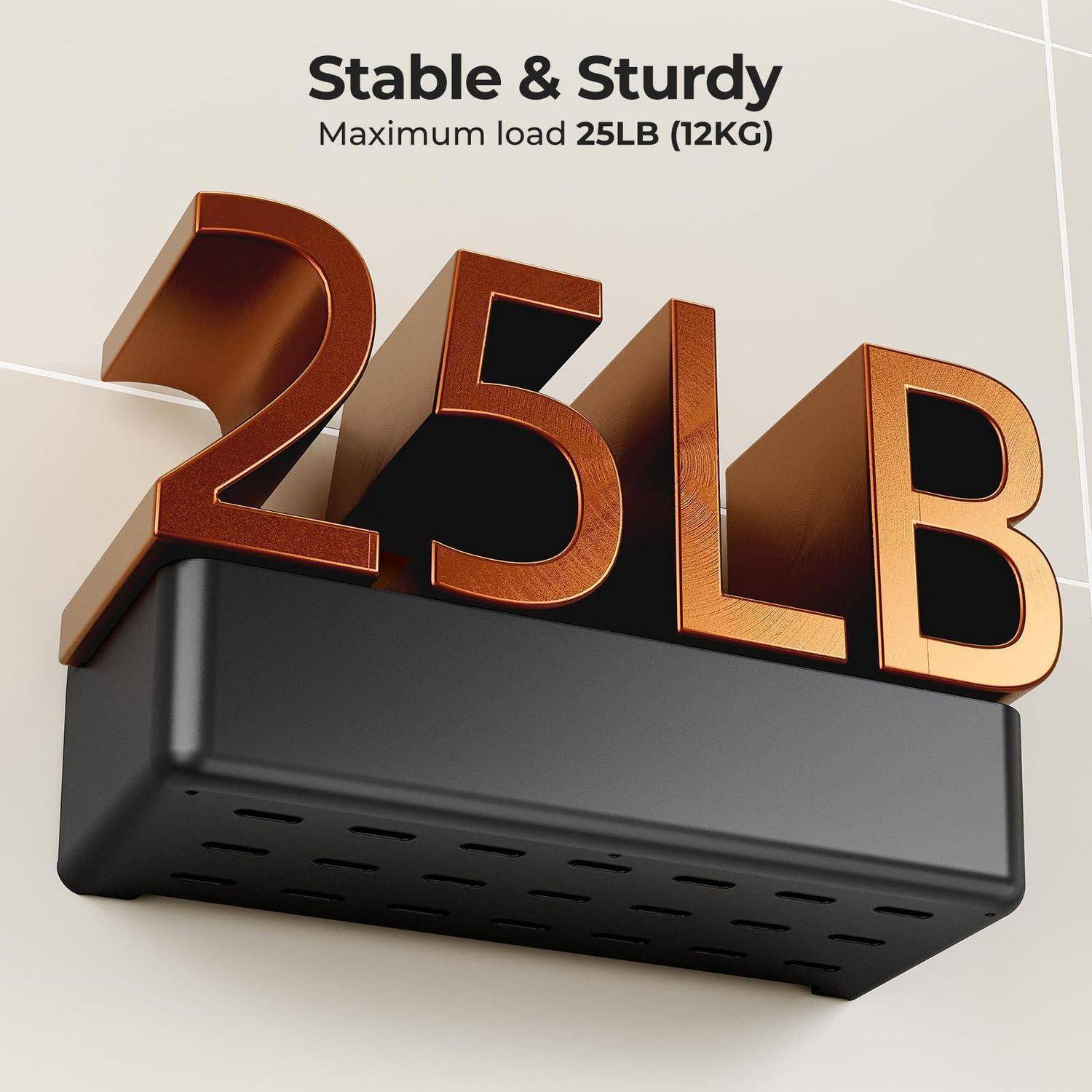 Produktpromo-Bild einer wandmontierten Regalbefestigung mit der Bezeichnung „25LB", mit Text „Stabil & robust"" und „Maximale Belastung 25LB (12KG)"".
