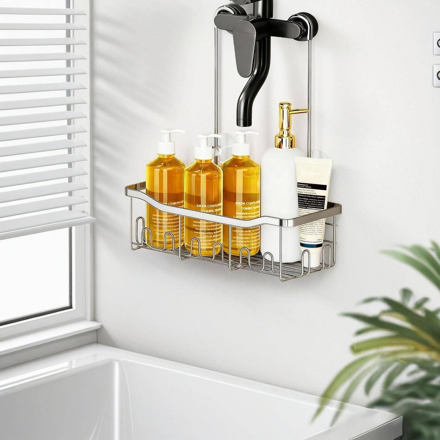Wandmontierter Badezimmer-Duschkorb mit Shampoo-, Seifen- und Lotionsflaschen neben einer Badewanne und Fensterjalousien.