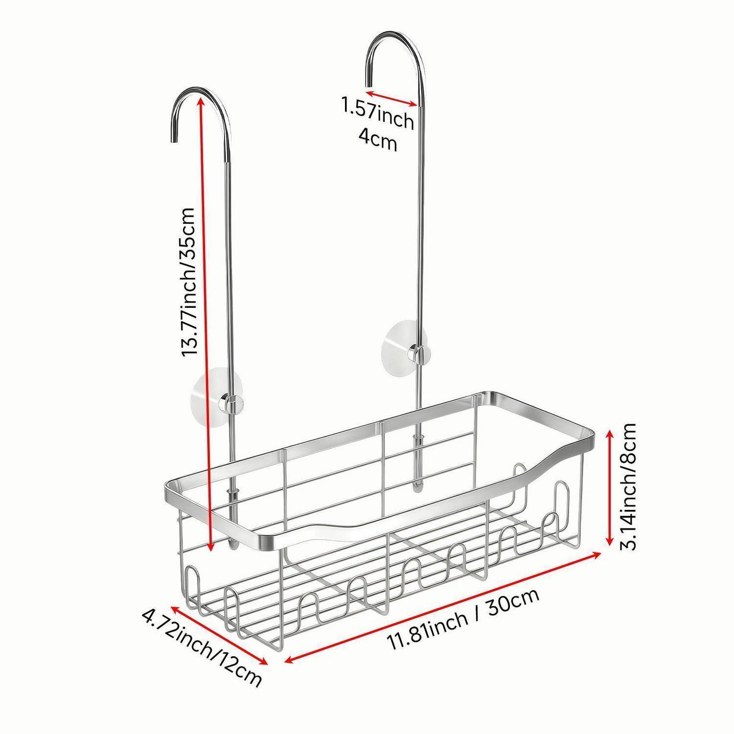 Edelstahl-Dusch-Hängekorb mit zwei Haken, gezeigt mit Abmessungen: 11,8 x 4,7 x 3,1 Zoll Korb, 15,7-Zoll-Haken, 1,57-Zoll-Hakendurchlass.