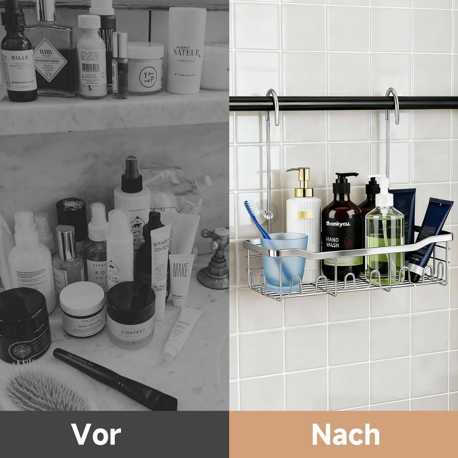 Vorher-und-Nachher eines neu organisierten Badezimmertisches in einem Duschkorb: Toilettenartikel wurden aus einem ungeordneten Waschbeckenbereich in einen ordentlich aufgehängten Korb umgeräumt.