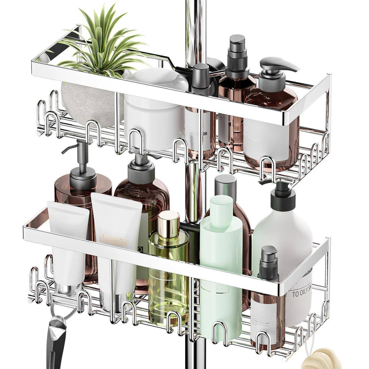 Zweilagiges Chrom-Duschregal mit Platz für Shampoo, Seife, Lotion, Tuben und eine kleine Topfpflanze.