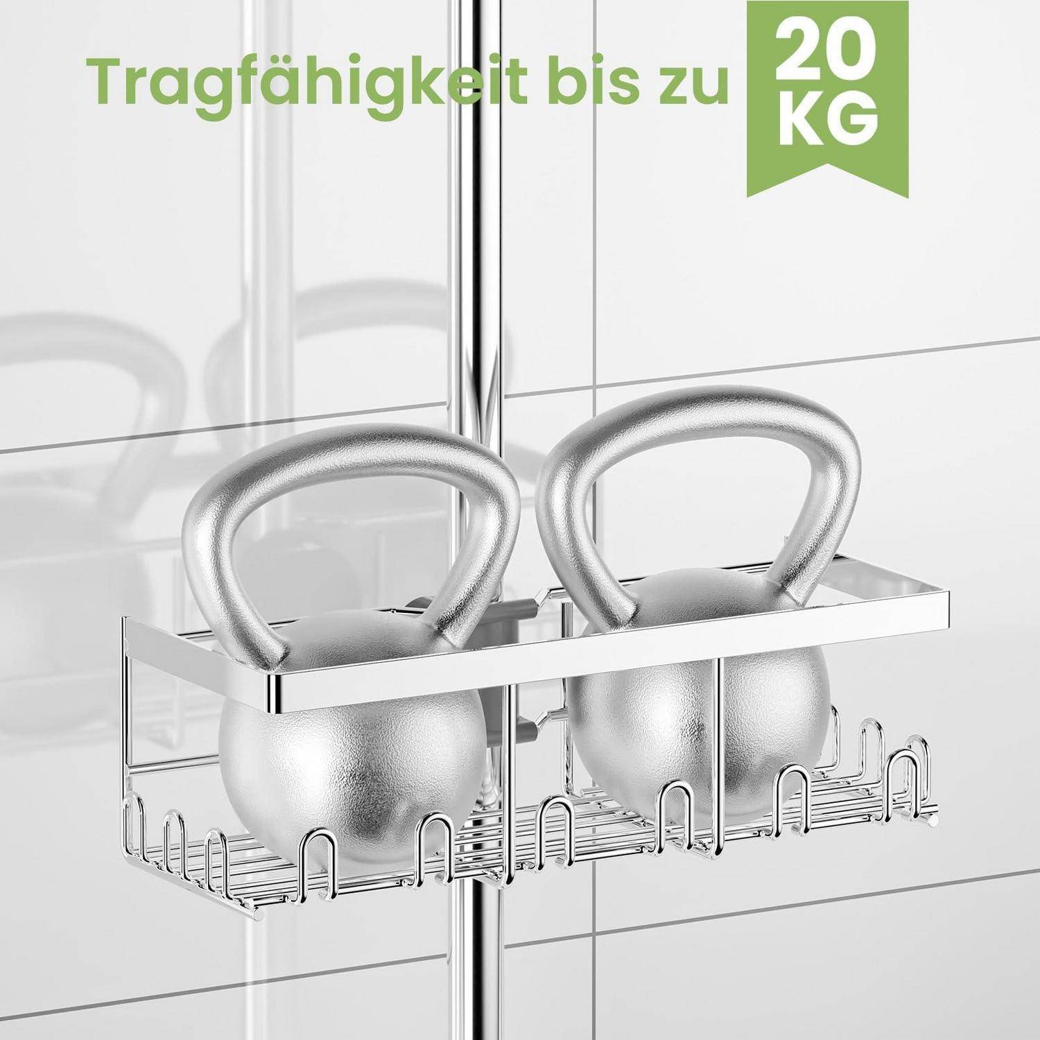 Chrome-Duschablage an einer Stange befestigt, die zwei Kettlebells hält; der Text lautet „Tragfähigkeit bis zu 20 KG" und gibt eine Tragfähigkeit von 20 kg an.