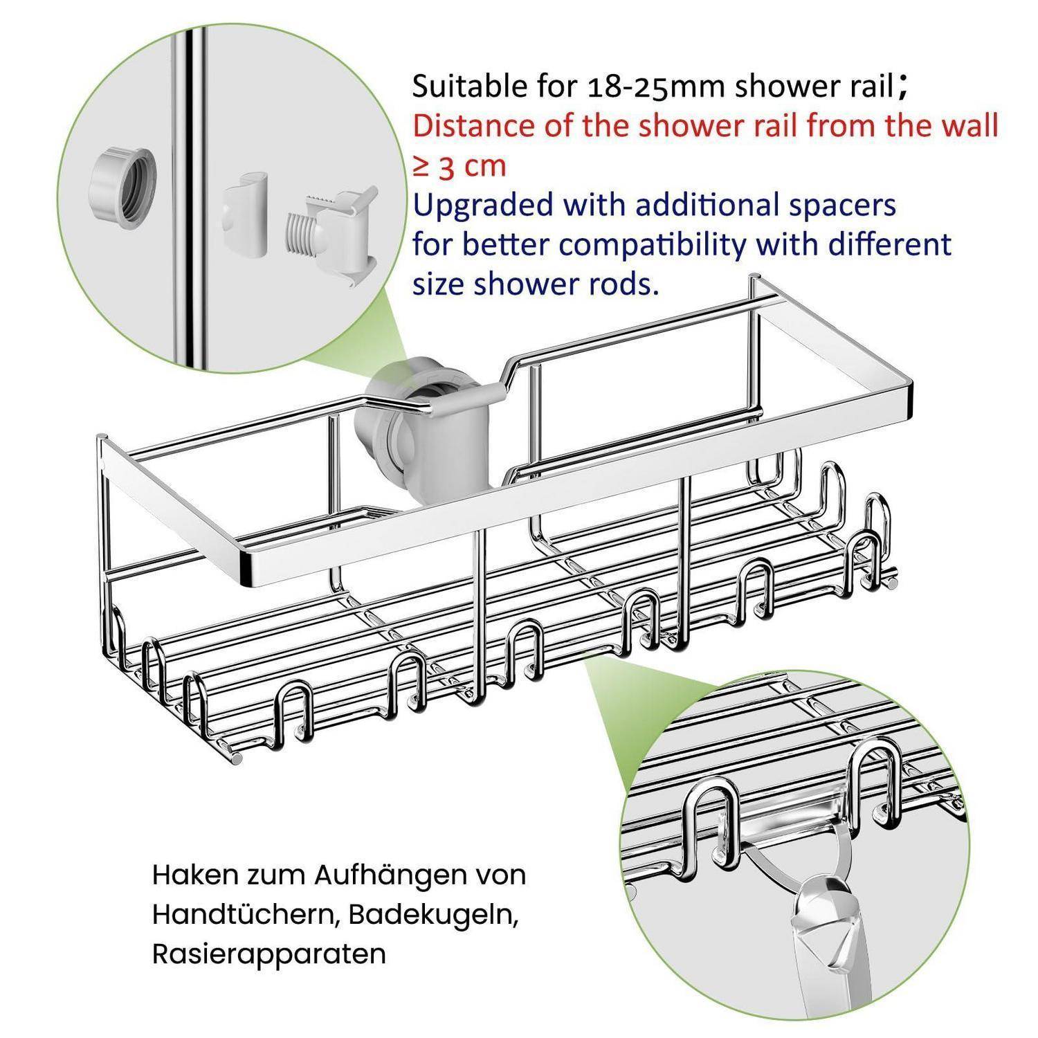 Duschablage für 18-25mm Schienen, mit Abstandshaltern für Kompatibilität und Haken zum Aufhängen von Handtüchern, Badebällen und Rasierapparaten.