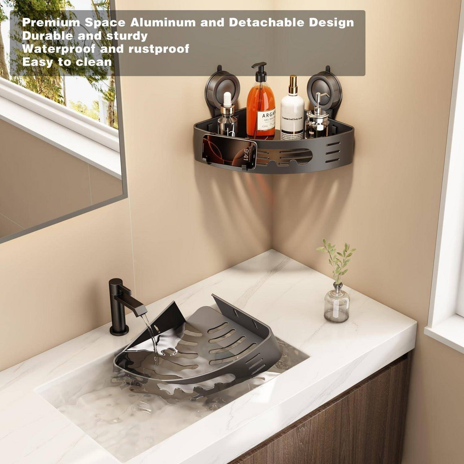 Badezimmereckenregal und Spülbecken-Caddy aus mattem schwarzem Aluminium, dargestellt als wandmontiert und abnehmbar, mit Text: „Hochwertiges Raumaluminium und abnehmbares Design".