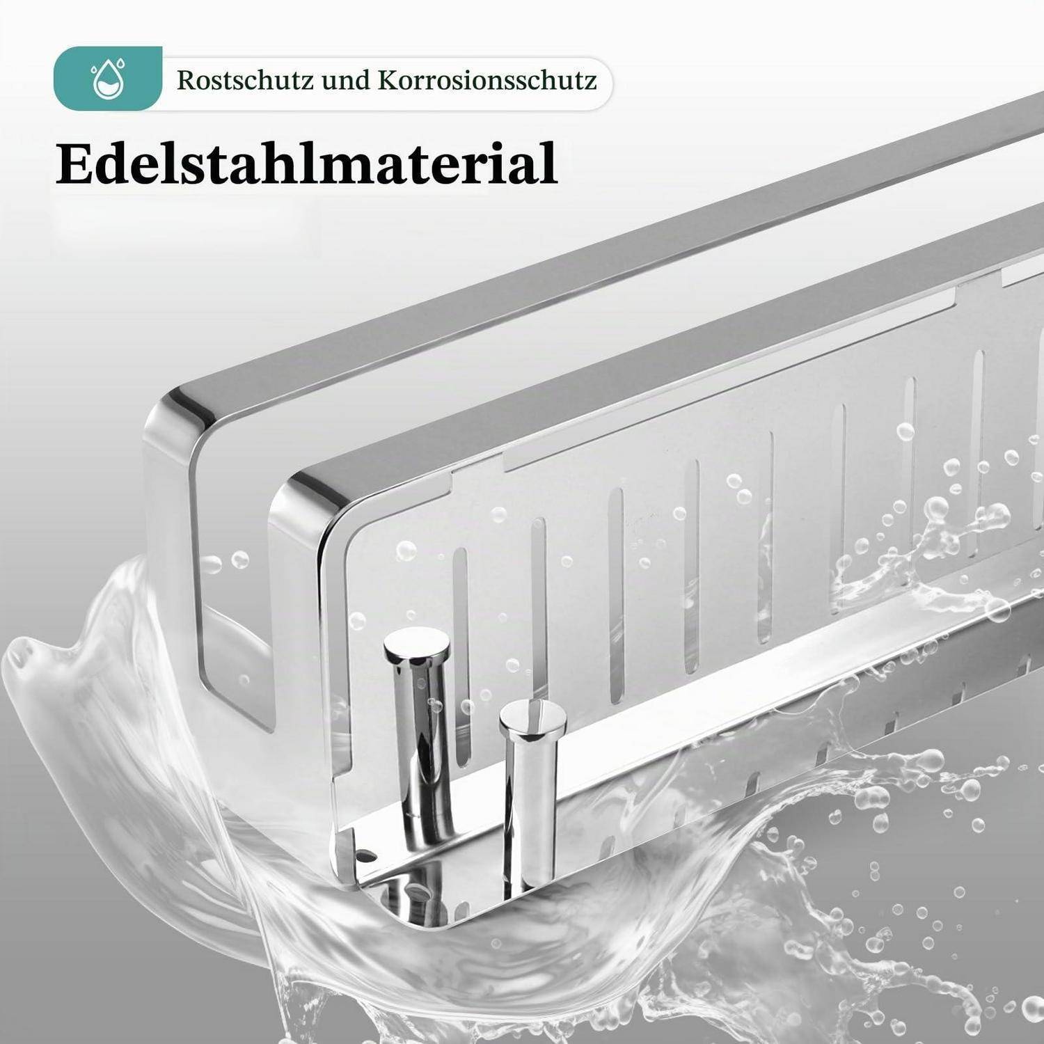 Edelstahlmaterial mit Wasserspritzer, beschriftet mit „Rostschutz und Korrosionsschutz" und „Edelstahlmaterial"", was Rost- und Korrosionsschutz anzeigt.
