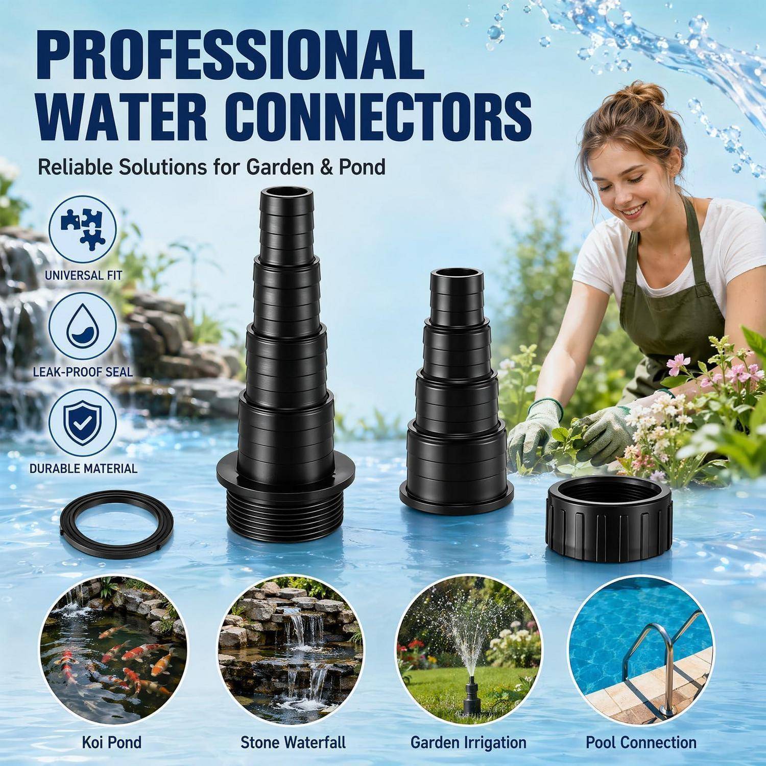 Anzeige für professionelle Wassersteckverbinder, die schwarze Schlauchverbindungen mit 
