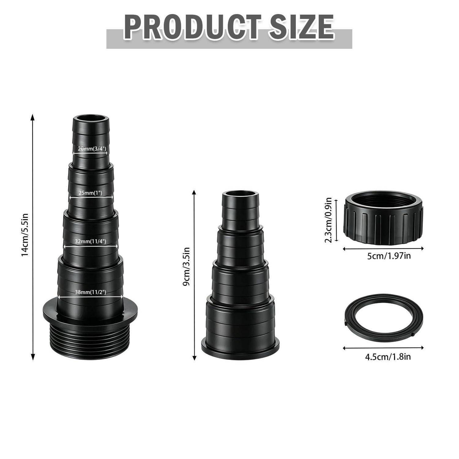 Produktgrößen-Diagramm mit gestuftem schwarzem Adapter: Der Hauptstapel ist 14 cm/5,5 Zoll hoch, kleinerer Stapel 9 cm/3,5 Zoll, Ring 5 cm/1,97 Zoll breit und 2,3 cm/0,9 Zoll hoch, und flacher Ring 4,5 cm/1,8 Zoll breit.