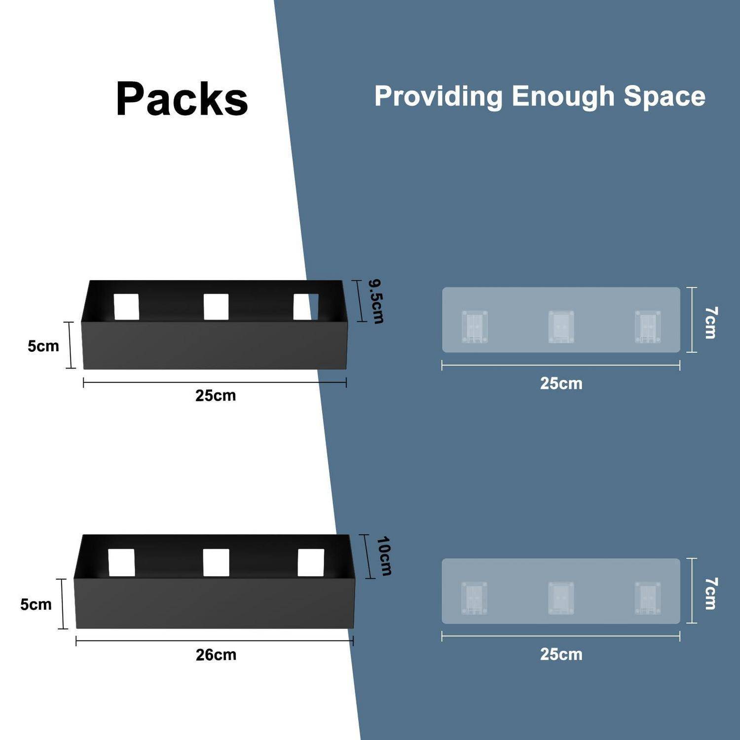 Diagramm zum Vergleich von Packungsgrößen mit verfügbarem Platz: Ein 25cm großes Pack mit 5cm Höhe und 9,5cm Breite, sowie ein 26cm großes Pack mit 5cm Höhe und 10cm Breite; beide zeigen 25cm Platz und 7cm Höhe.