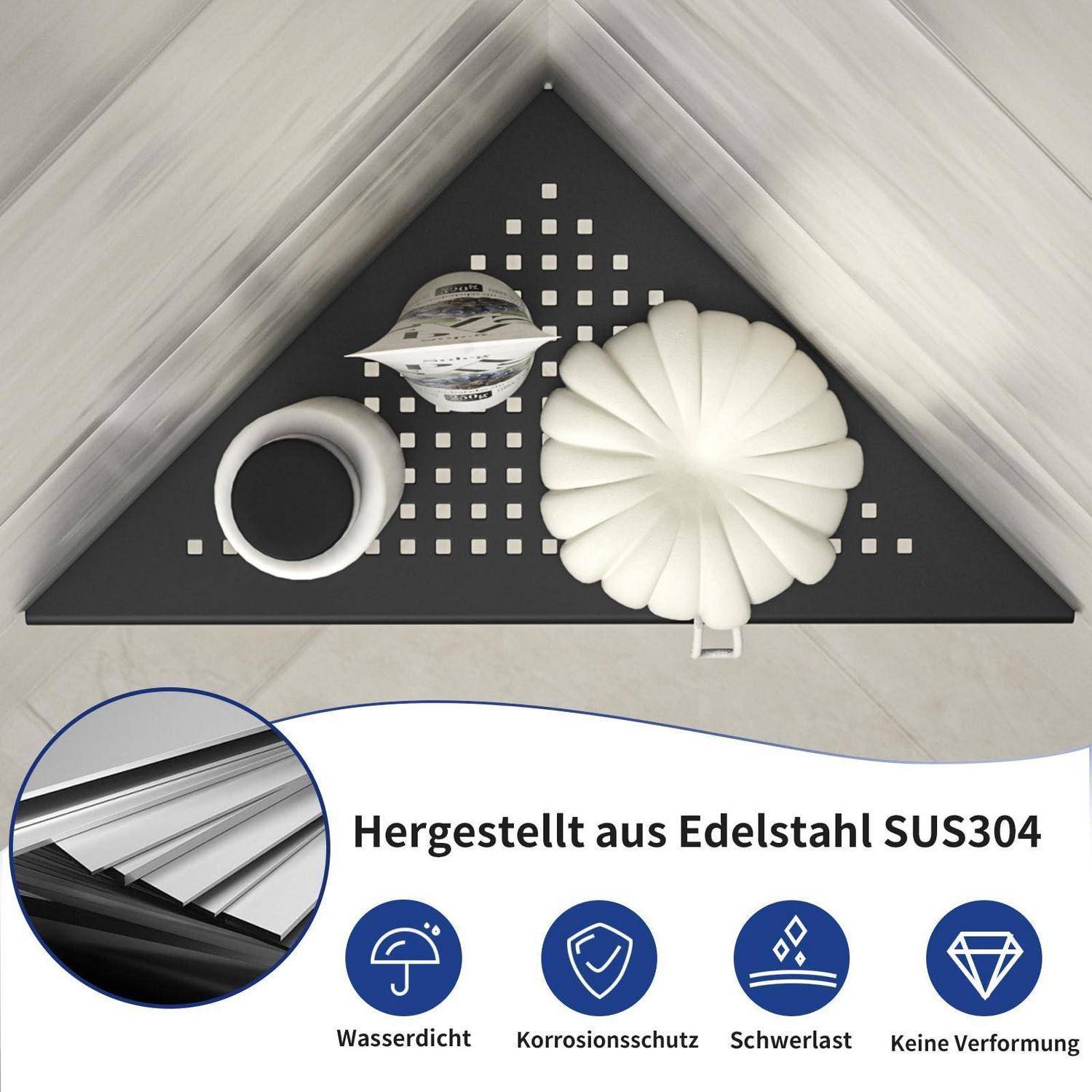 Edelstahl-SUS304-Dachrinnen-Zubehör mit Symbolen für Wasserdichtheit, Korrosionsschutz, Schwerlastfähigkeit und Verformungsbeständigkeit.