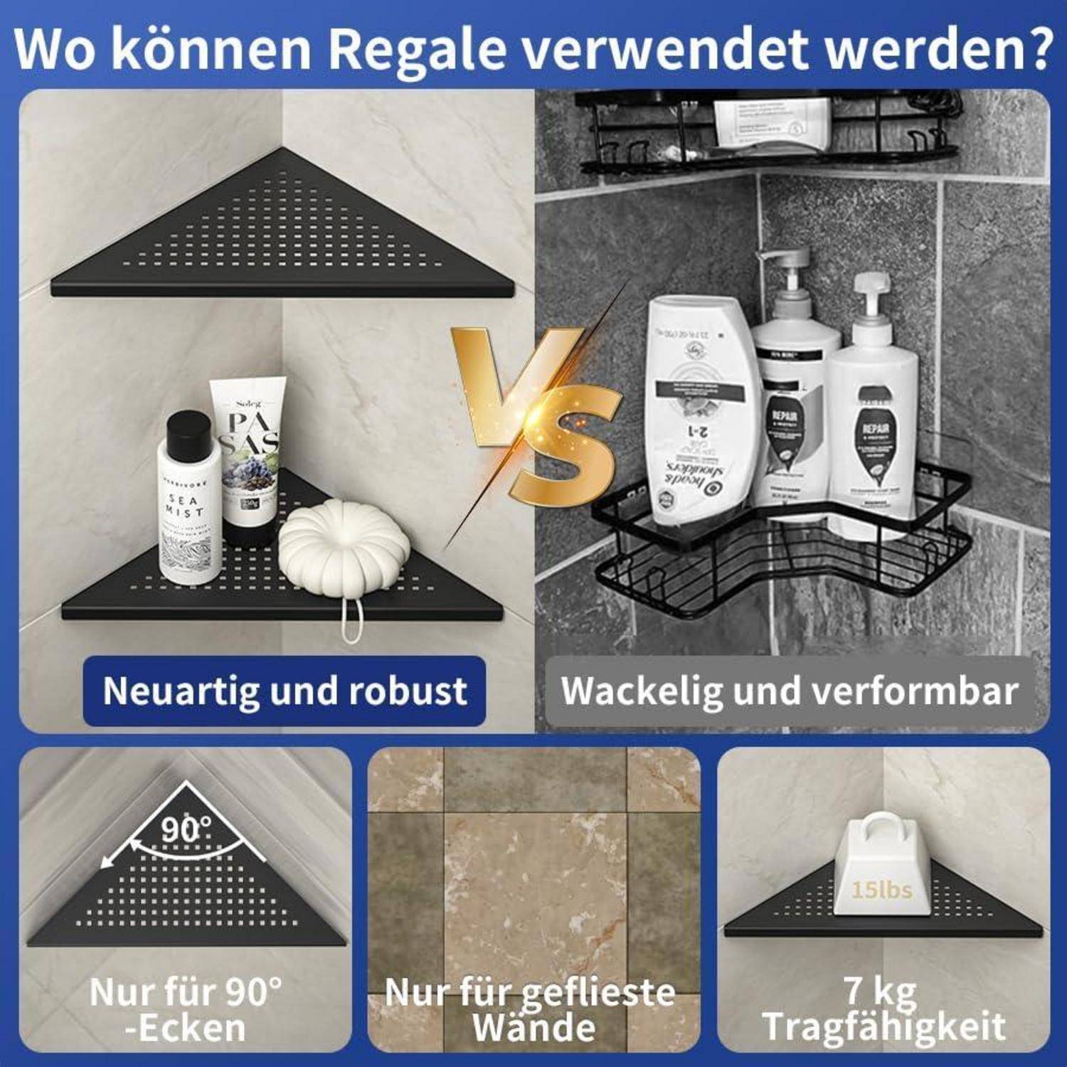 Grafikvergleich Deutsch mit robustem schwarzem Eckregal versus schwachem, verformbarem; Vermerke 90°-Ecken, nur gekachelte Wände und 7 kg Tragfähigkeit.