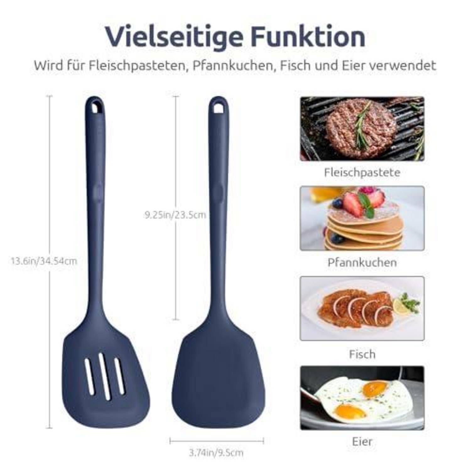Infografik eines blauen Schlitzspachtels mit Abmessungen und dem Titel „Vielseitige Funktion