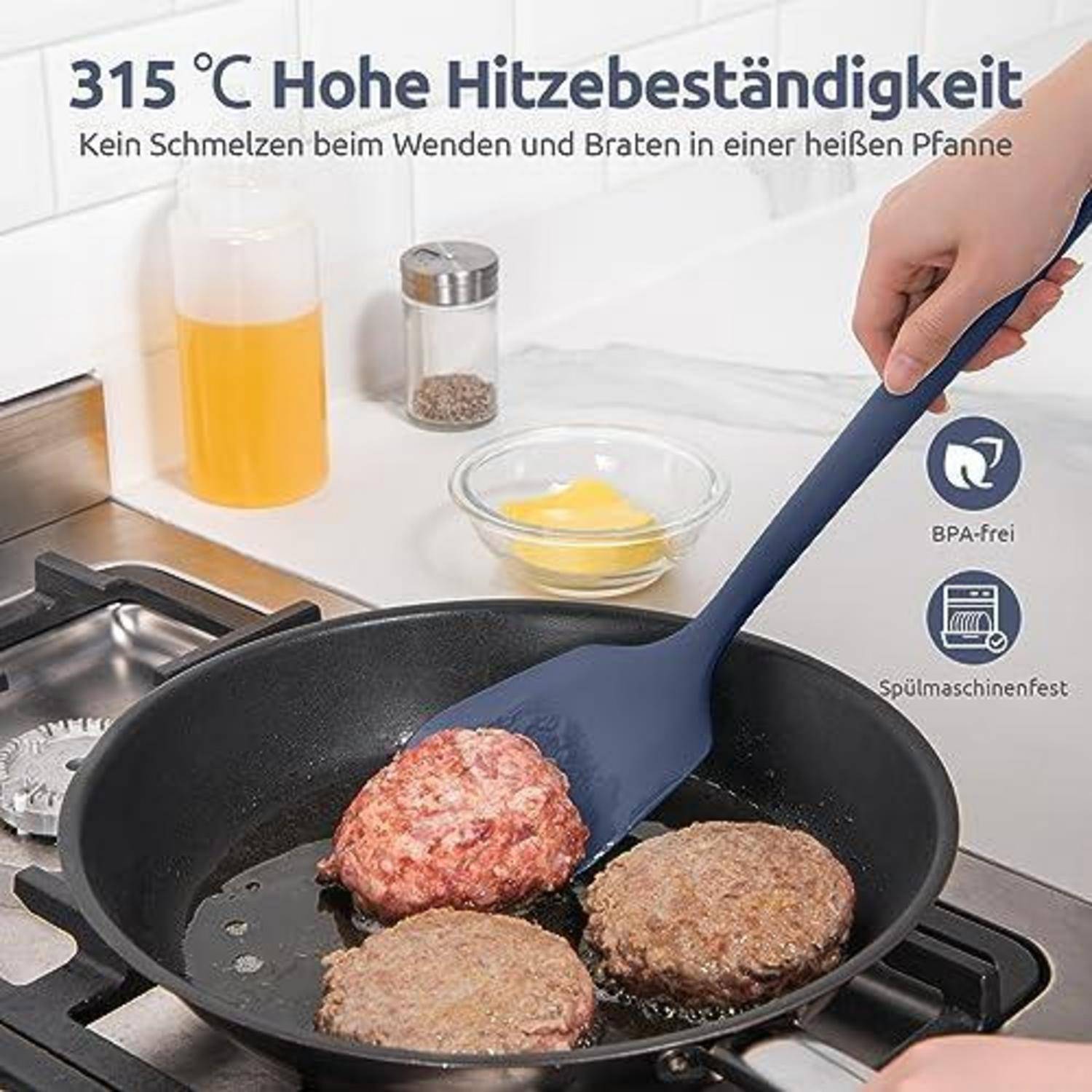 Küchenpromo-Bild, das einen blauen Spatel zeigt, der Burger-Patties in einer heißen Pfanne wendet; Text sagt „315°C hohe Hitzebeständigkeit