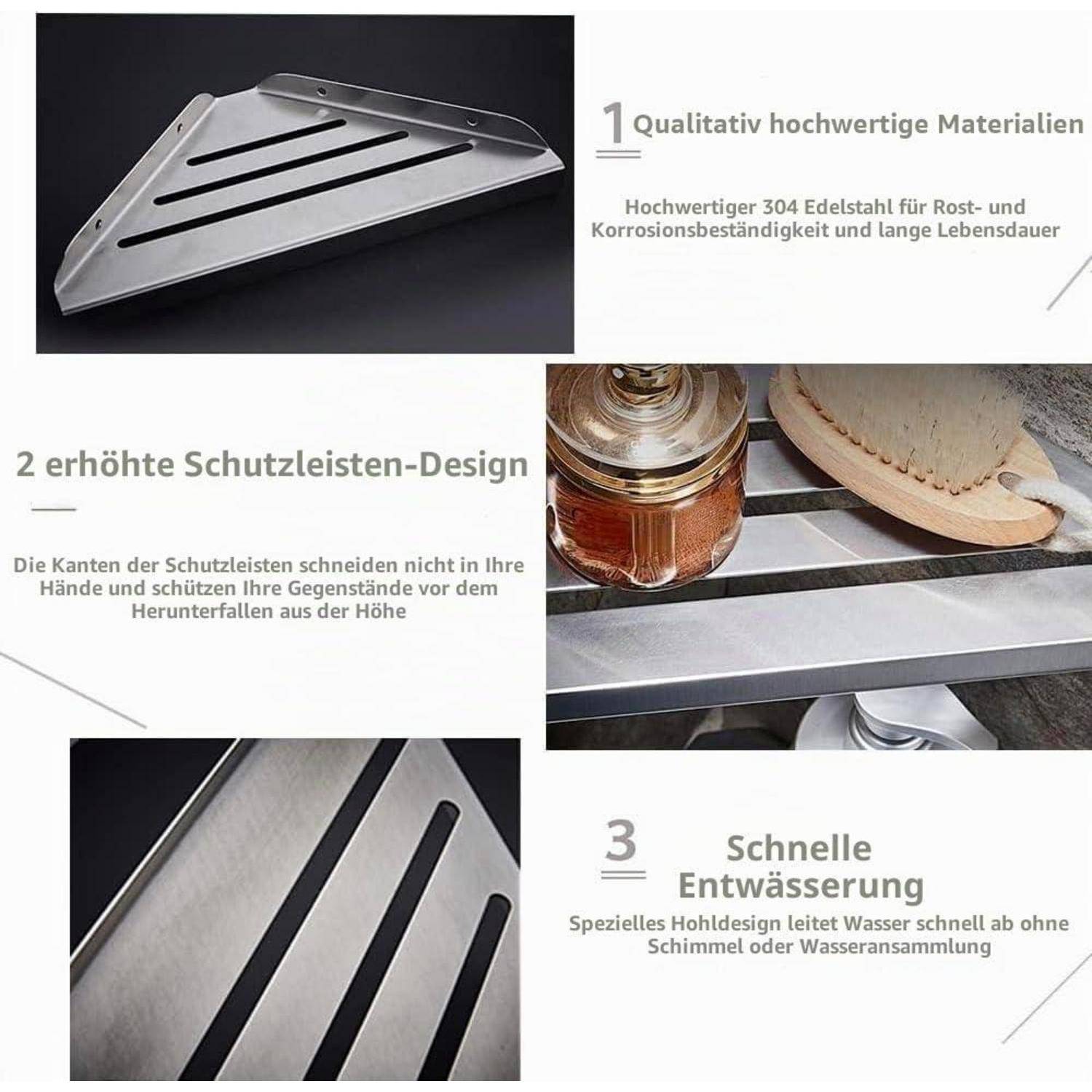 Infografik eines Edelstahl-Eckregals mit erhöhten Kanten, hervorhebend 304-Edelstahl, Sicherheitslippendesign und schnelle Ablaufschlitze.