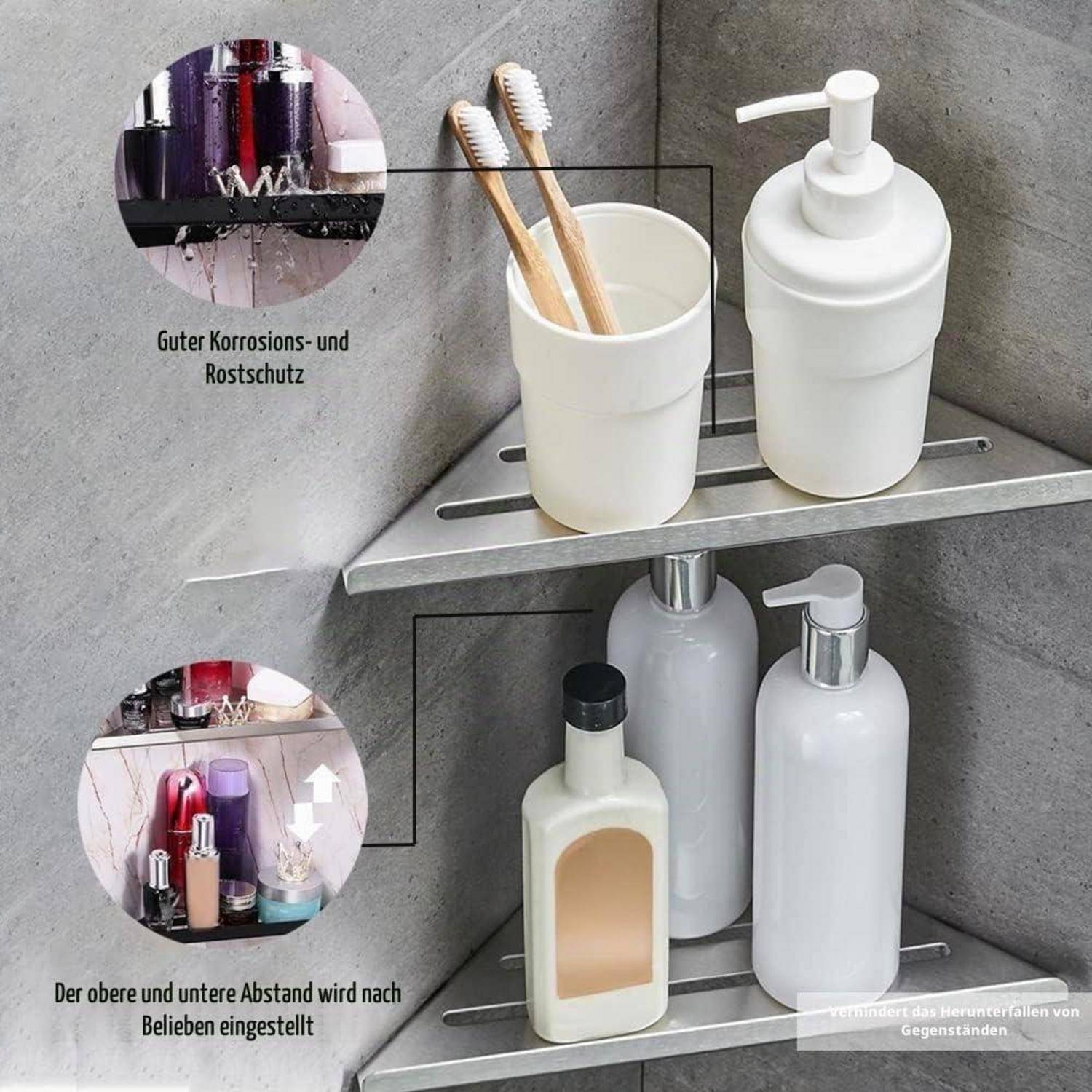 Illustrierter Badezimmerregal-Organizer mit verstellbarem Abstand, der Zahnbürsten, Seifenspender und Flaschen hält; Beschriftungen heben Korrosions- und Rostschutz hervor.