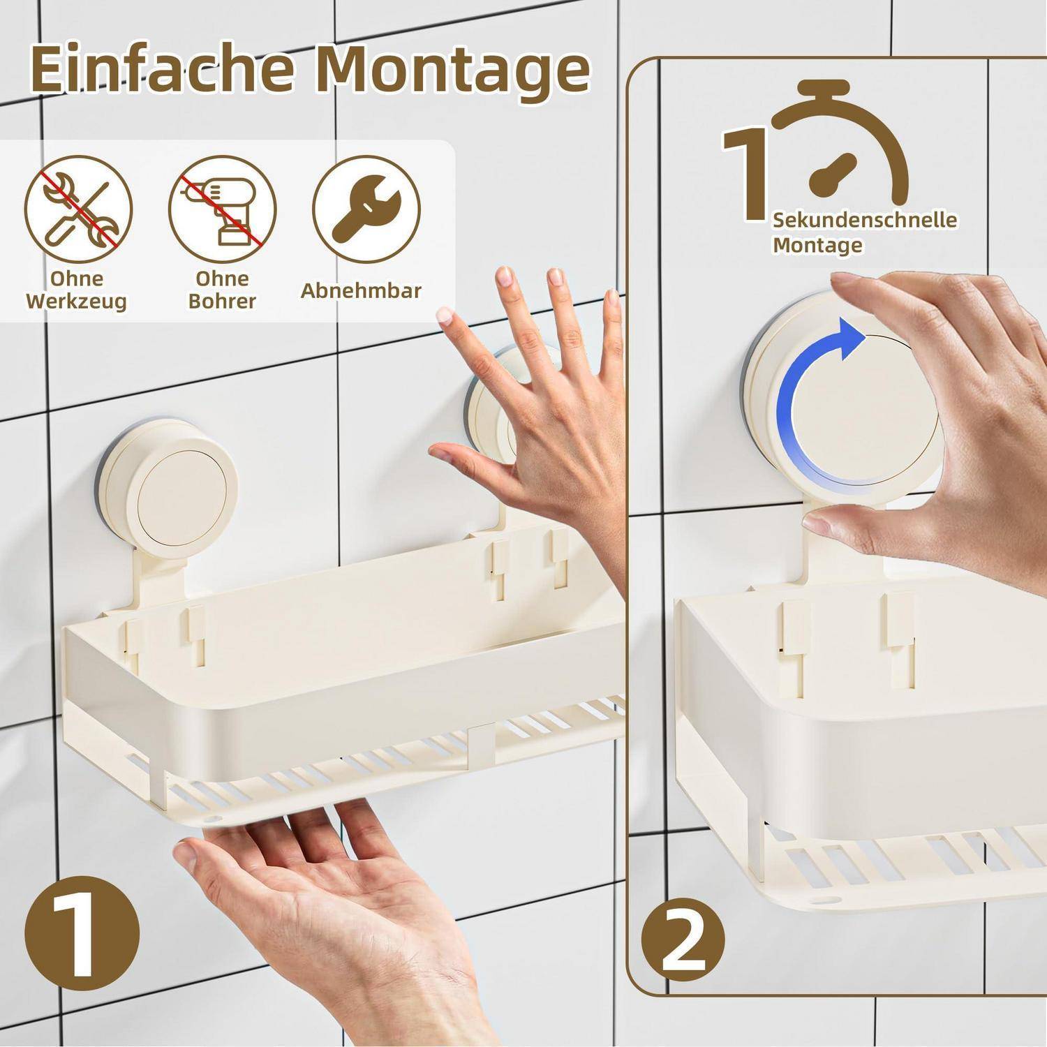 Installationsanleitung für ein wandmontiertes Regal: „Einfache Installation", kein Werkzeug oder Bohren erforderlich, abnehmbar und „1-Sekunden-Schnellmontage"".
