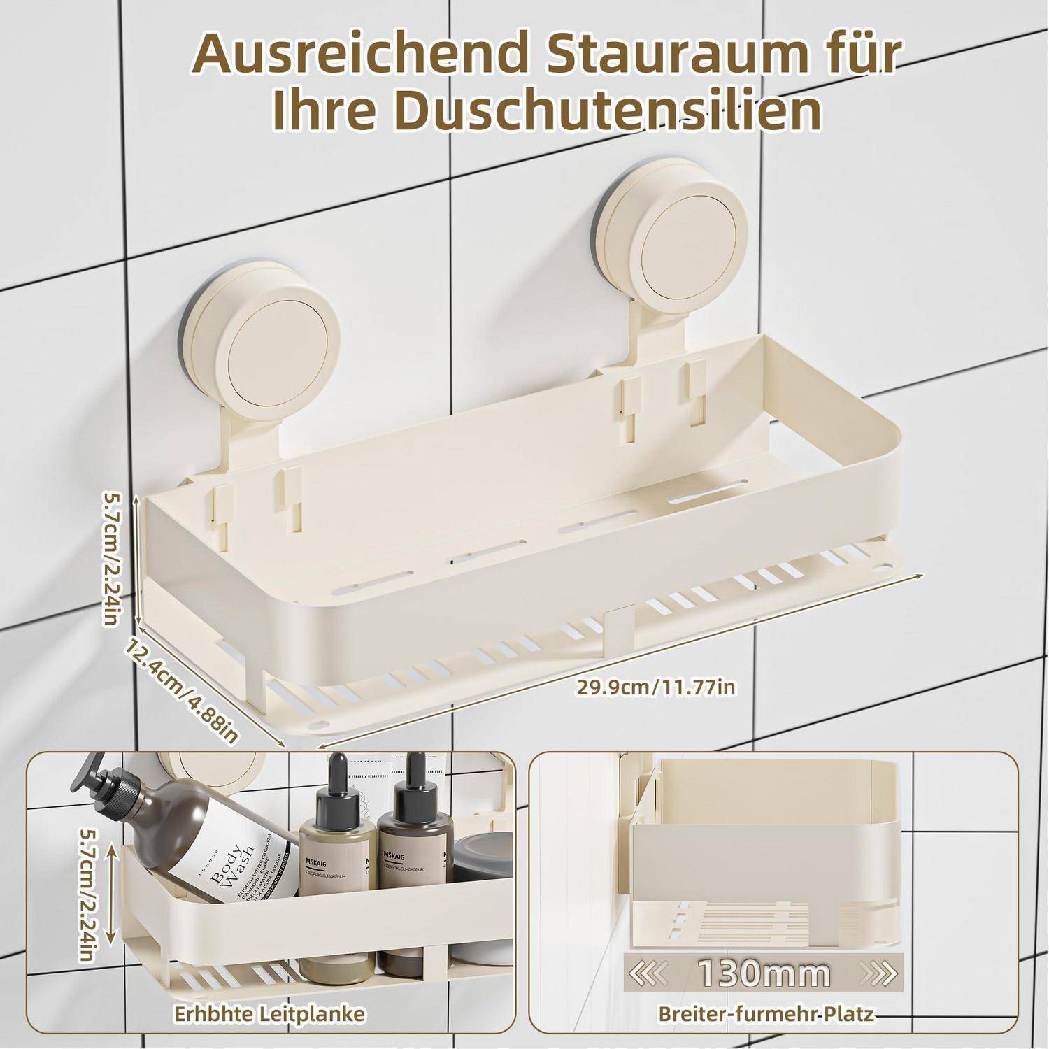 Beige Saugnapf-Badezimmerregal für Duschzubehör, dargestellt mit Abmessungen von 29,9 cm Breite, 12,4 cm Tiefe, 5,7 cm Höhe und eine Vergrößerung mit Spritzschutz und zusätzlichem Stauraum.