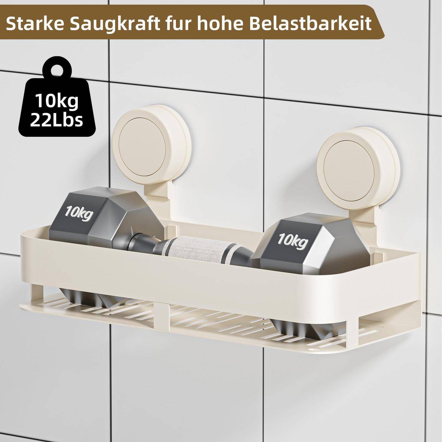 Wandmontiertes Duschablage mit Saugnapfen und zwei Gewichten mit der Bezeichnung „10kg", das eine starke Tragfähigkeit bewirbt.